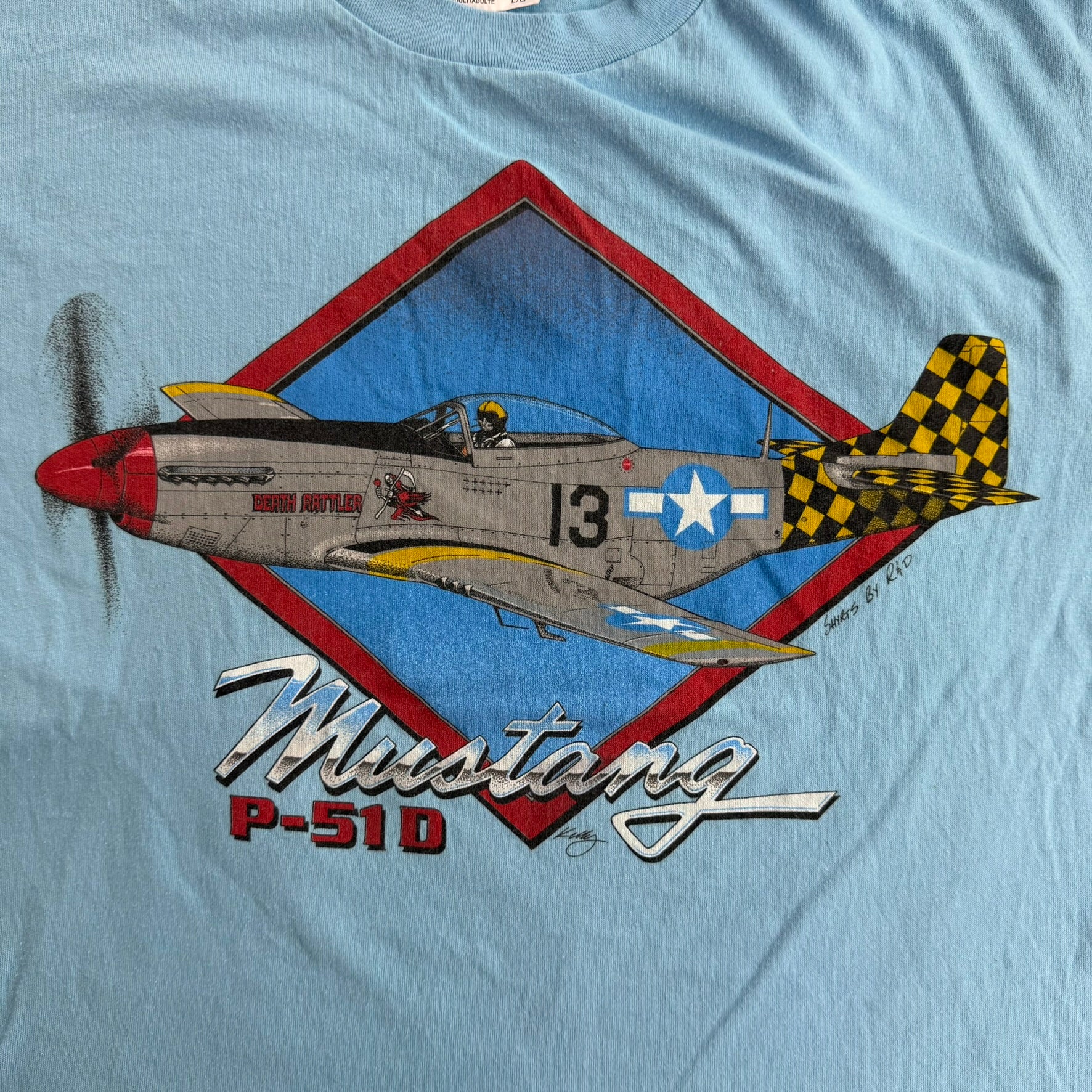 J- Vintage 90s P-51 D Mustang Fighter Plane Graphic Single Stitch Tee - L (fits M)
