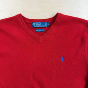 Vintage 90s Polo RL Embroidered Logo Red Wool Knit Sweater - M