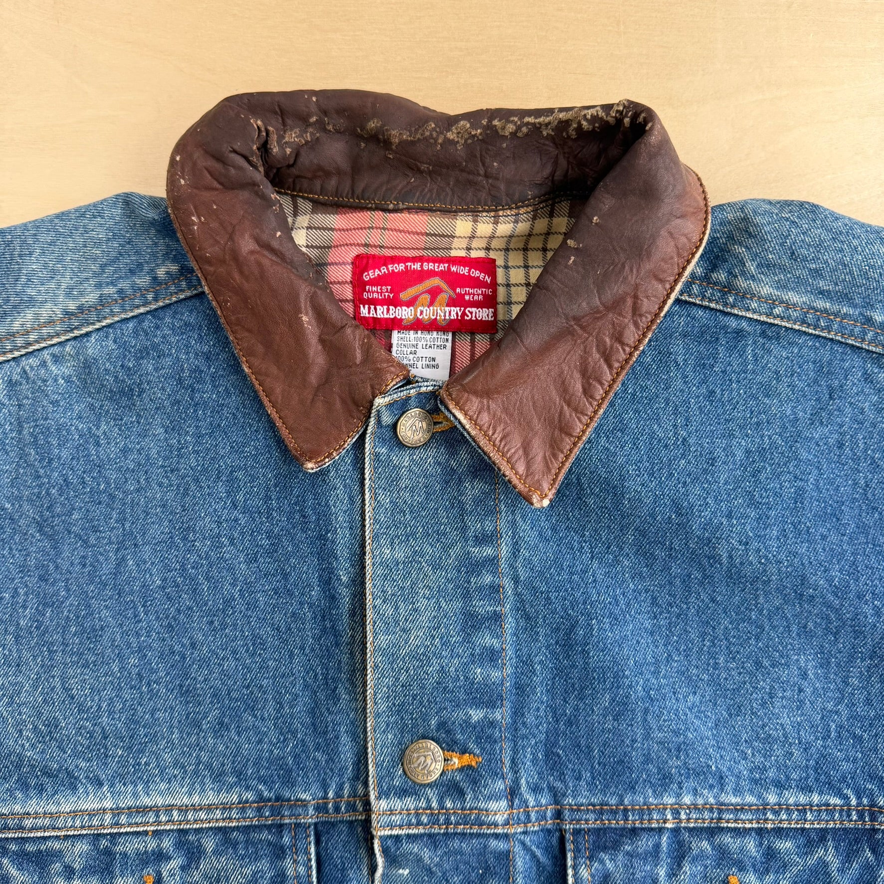 Vintage 90s Marlboro Country Store Flannel Lined Trucker Denim Jacket - M