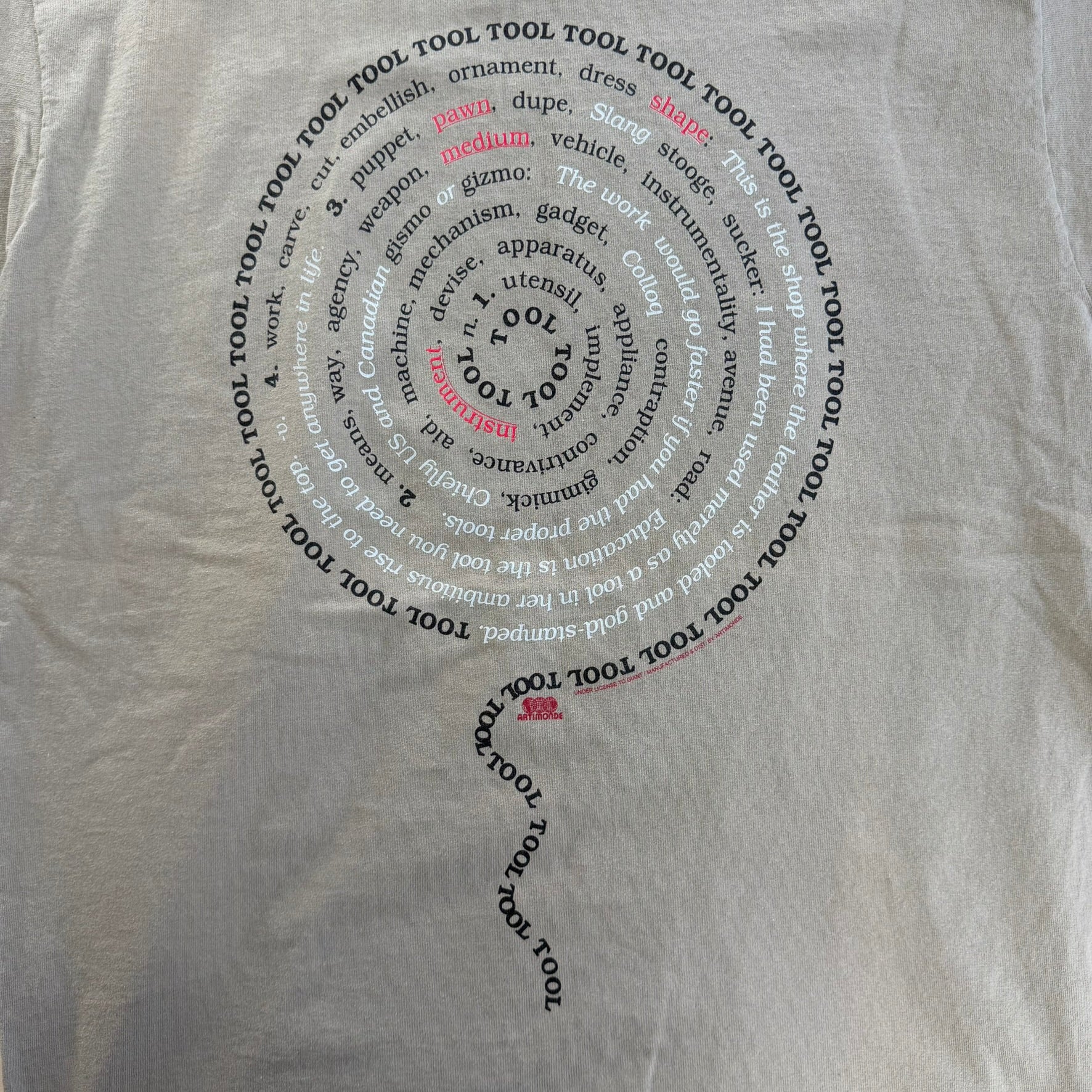 J- Vintage 90s Tool Tan Dictionary Spiral Text Artimonde Tag Single Stitch Tee - L