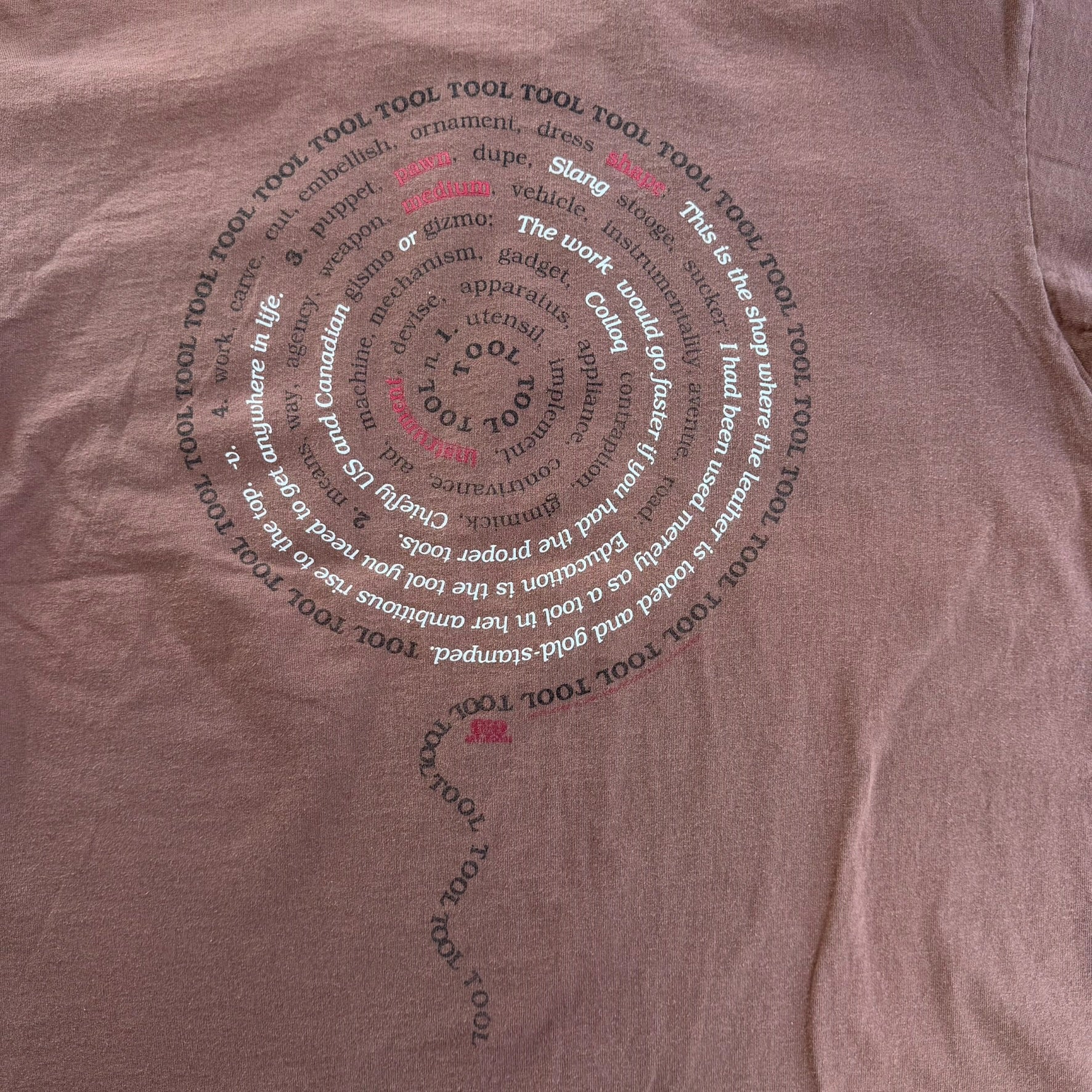 J- Vintage 90s Tool Mocha Brown Dictionary Spiral Text Made In Canada Artimonde Tag Tee - XL