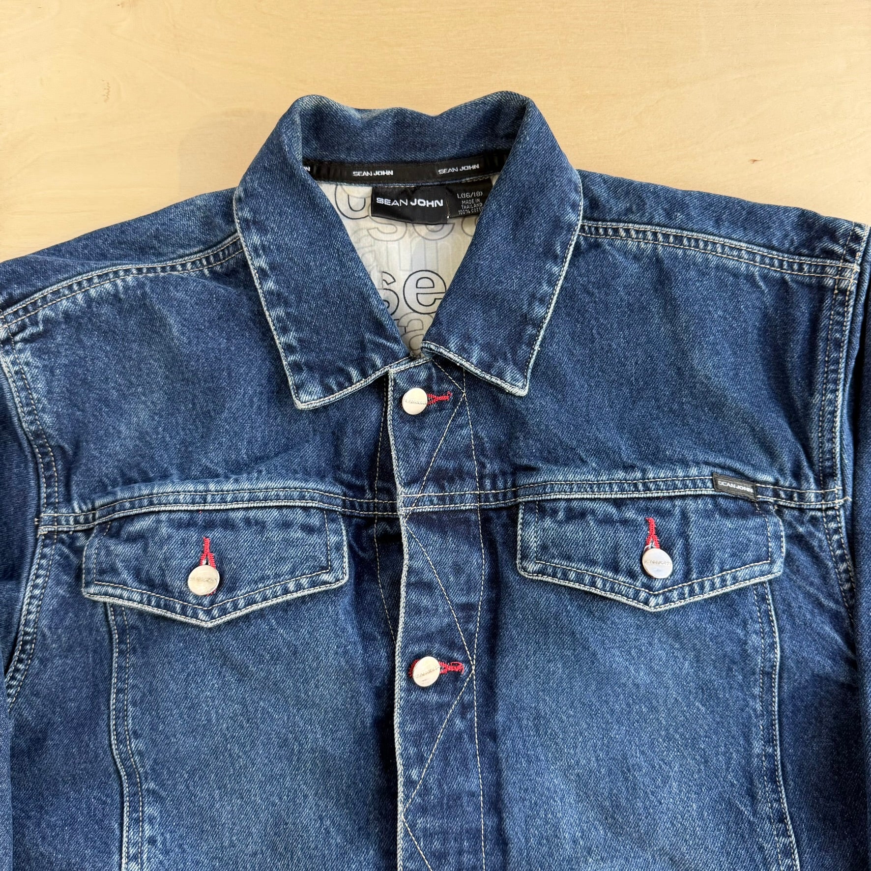 Vintage Sean John Embroidered Text Trucker Denim Jacket - L 16/18 (fits M)