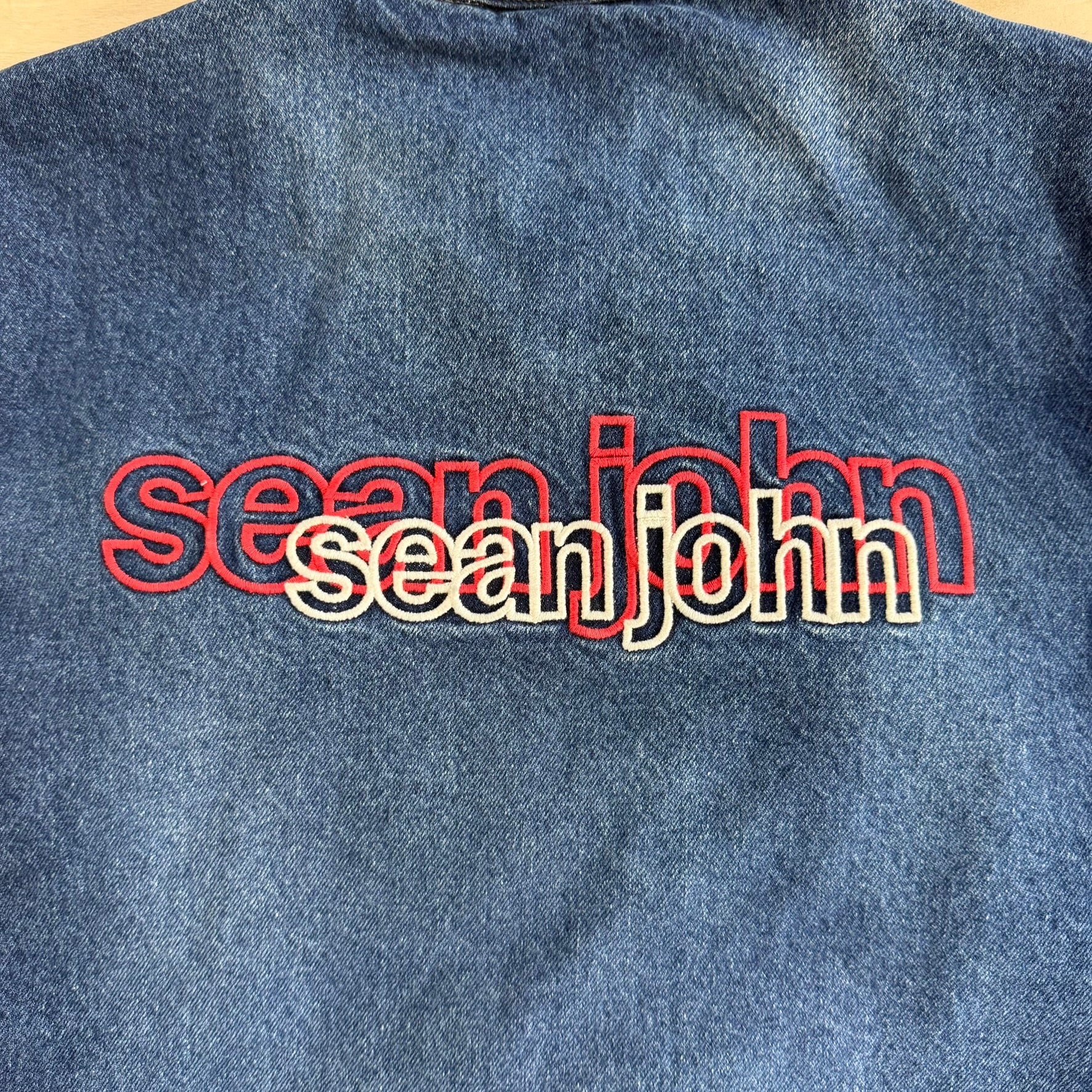 Vintage Sean John Embroidered Text Trucker Denim Jacket - L 16/18 (fits M)