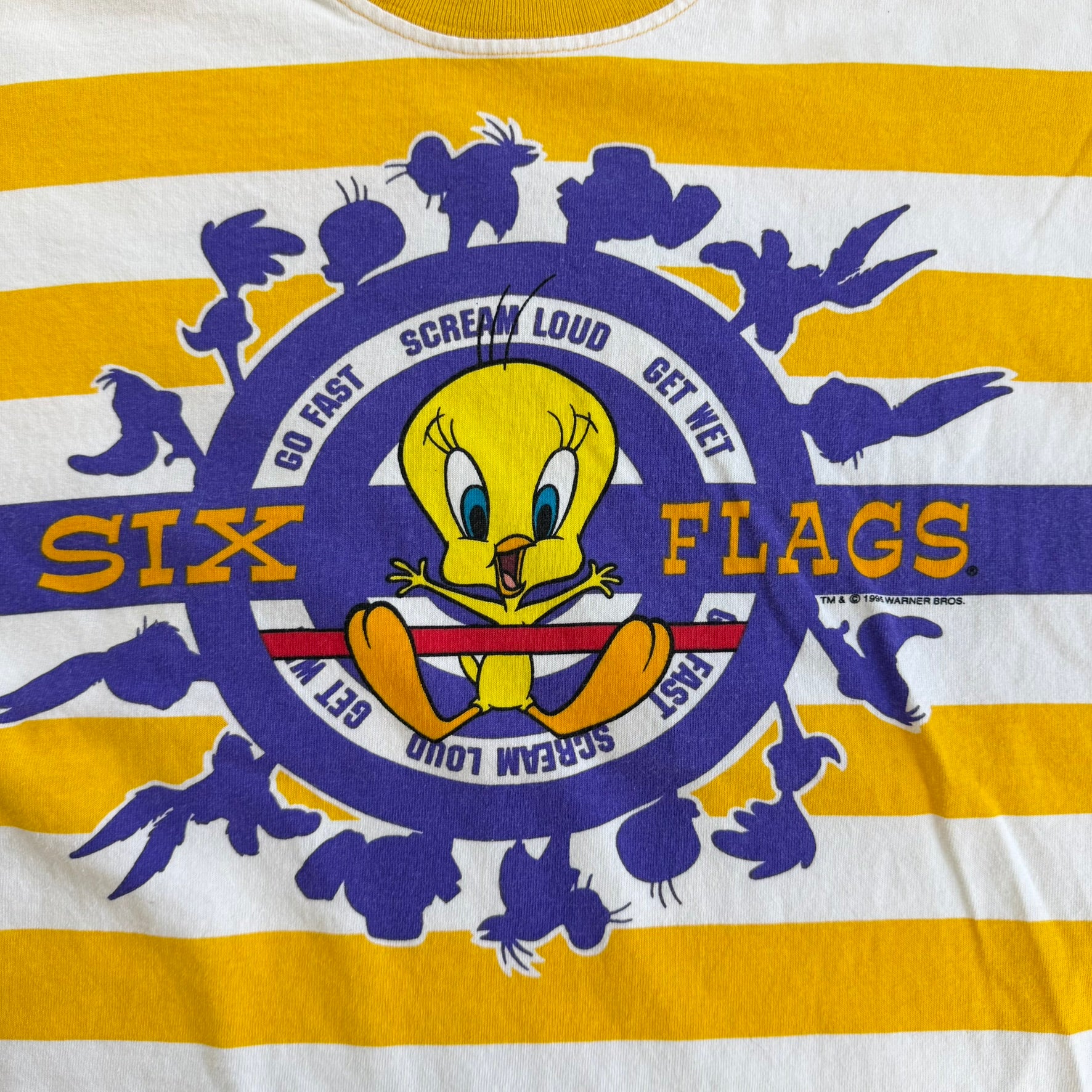 J- Vintage '95 Looney Tunes Six Flags Tweety Bird Graphic Made In USA Striped Tee - S/M
