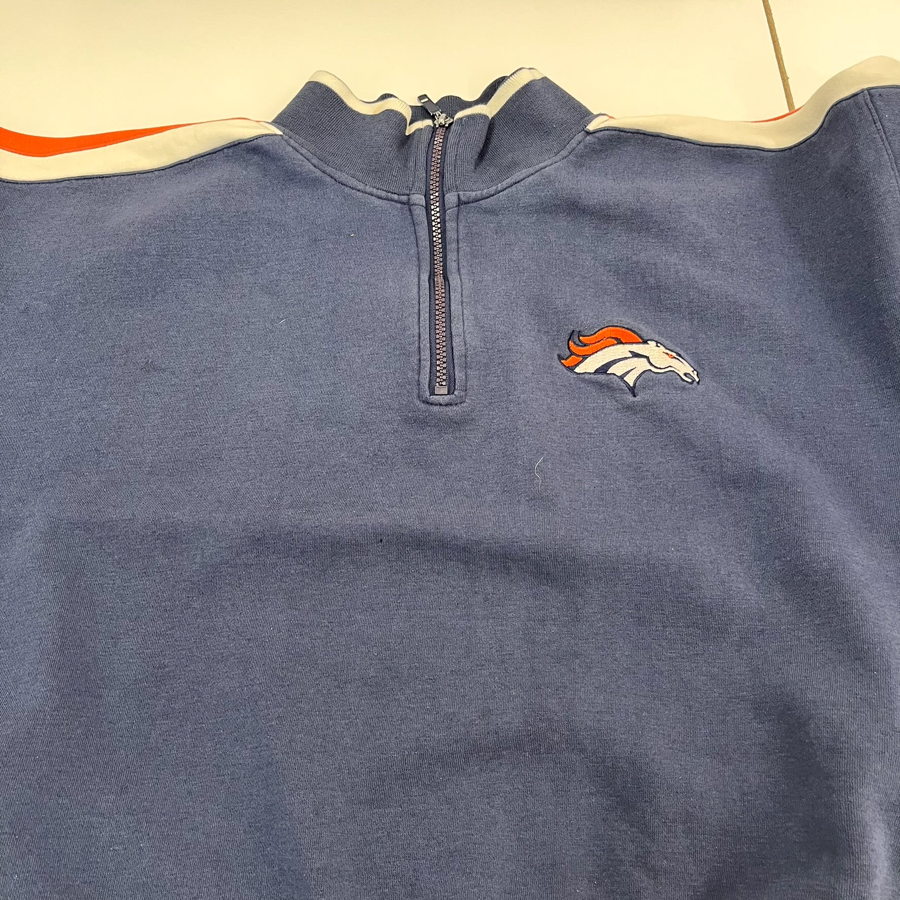 F- Vintage Denver Broncos NFL Starter Embroidered Logo Quarter Zip Crewneck