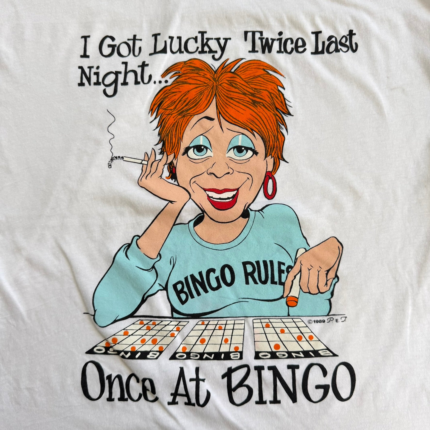 J- Vintage '89 Bingo I got Lucky Twice Last Night Graphic Single Stitch Tee - M