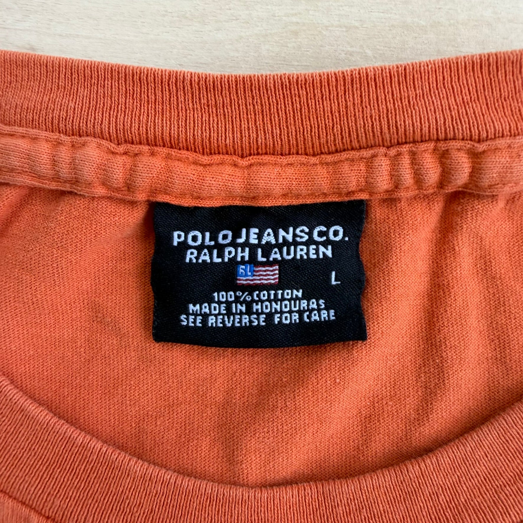 J- Vintage Polo Jeans RL Text Graphic Orange Tee - L