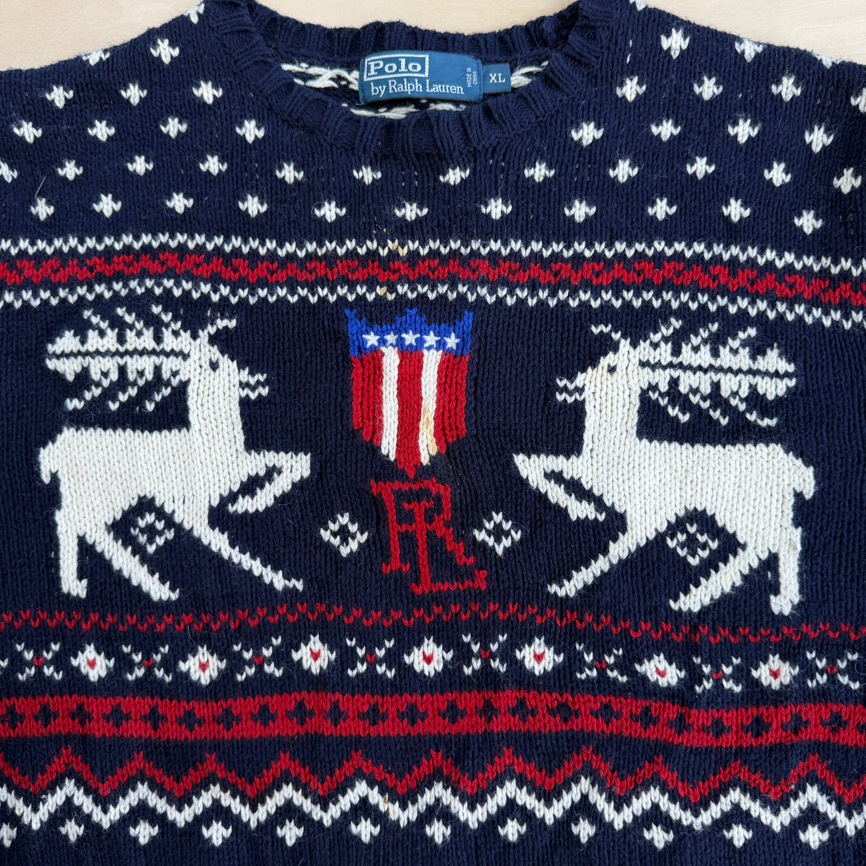 J- Vintage 90s Polo RL Deer & US Emblem Cotton Knit Sweater - XL