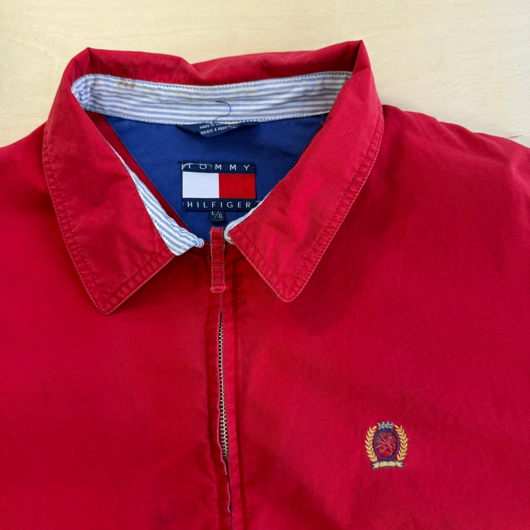 J- Vintage Tommy Hilfiger 90's Embroidered Crest Red Harrington Zip Up Jacket - L