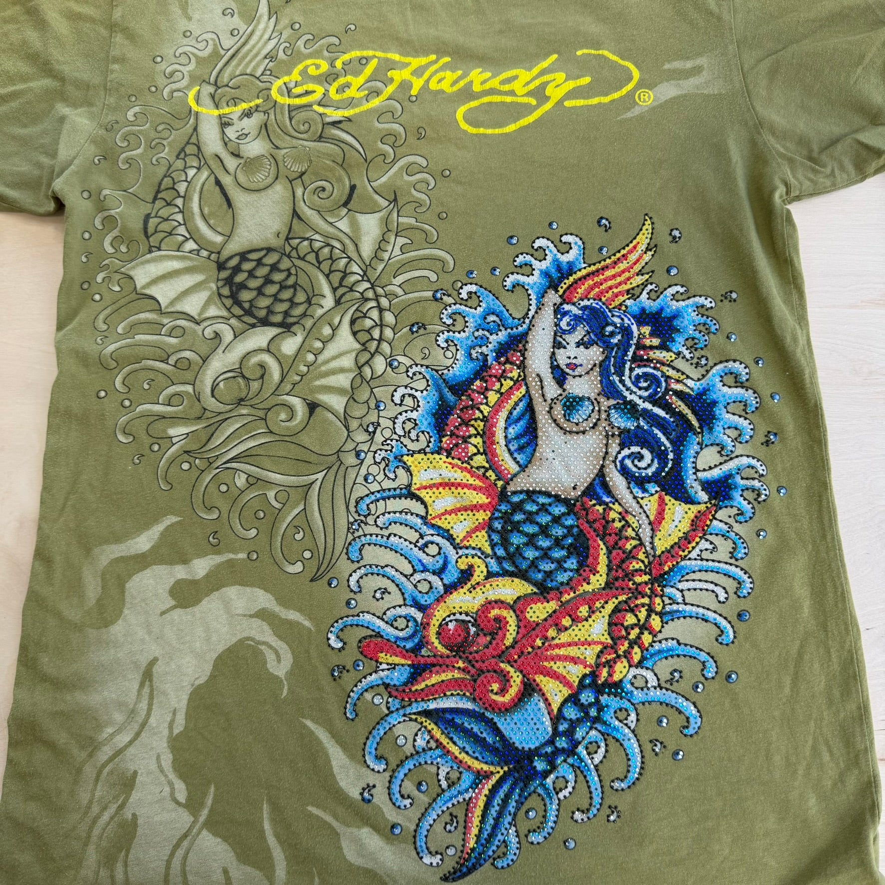 J- Vintage Ed Hardy Mermaid Rhinestones Graphic Tee - M