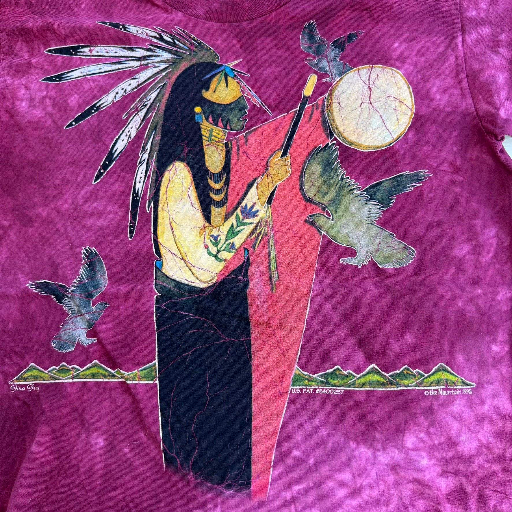 J- Vintage '95 The Mountain First Nation Drummer & Birds Made In USA Maroon Acid Wash Single Stitch Tee - L