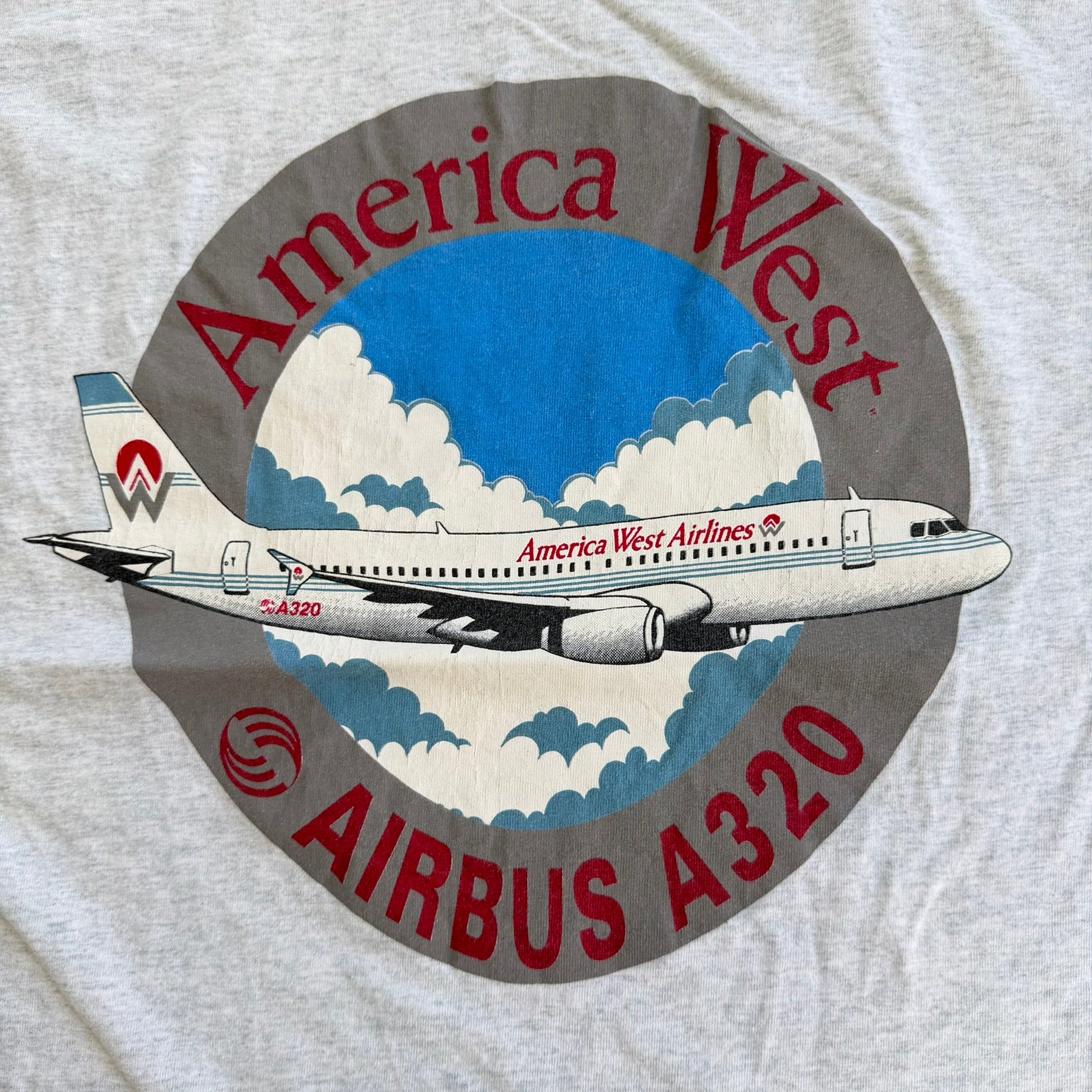 J- Vintage '93 America West Airline 10th Anniversary Airbus A320 Graphic Made In USA Single Stitch Tee - XL