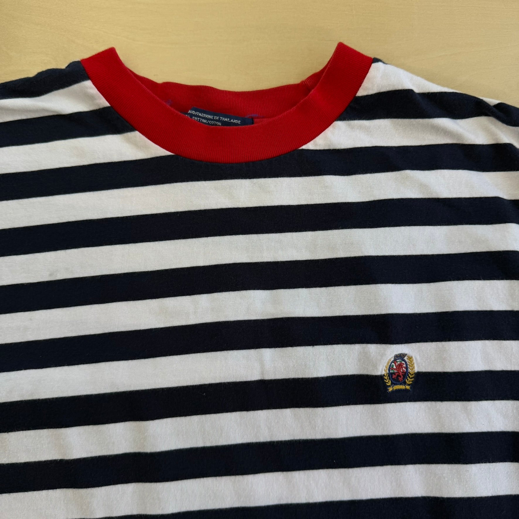 J- Vintage Tommy Hilfiger Embroidered Crest Striped Tee - XL