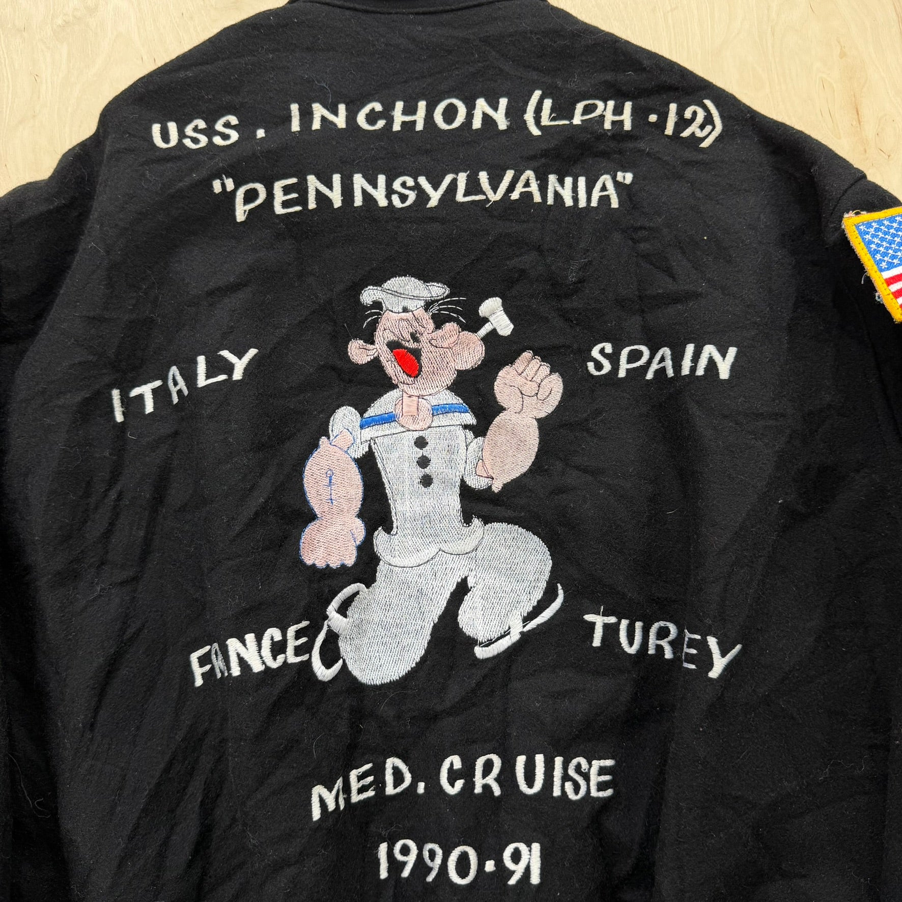 J- Vintage '90-91 US Navy USS Inchon Patches Zip Up Jacket - L