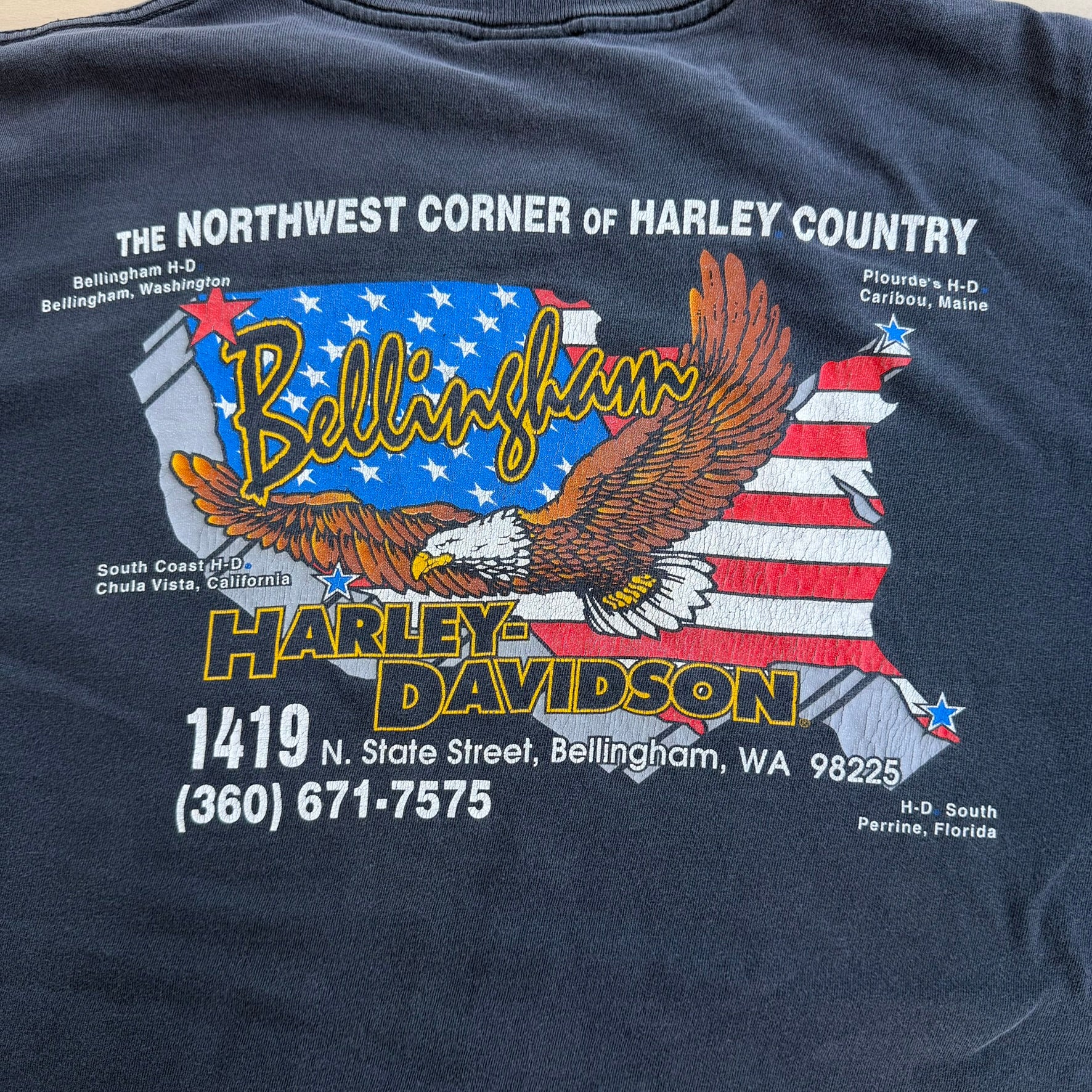 J- Vintage '97 Harley Davidson Bellingham Wa. Map Graphic Made In USA Tee - L