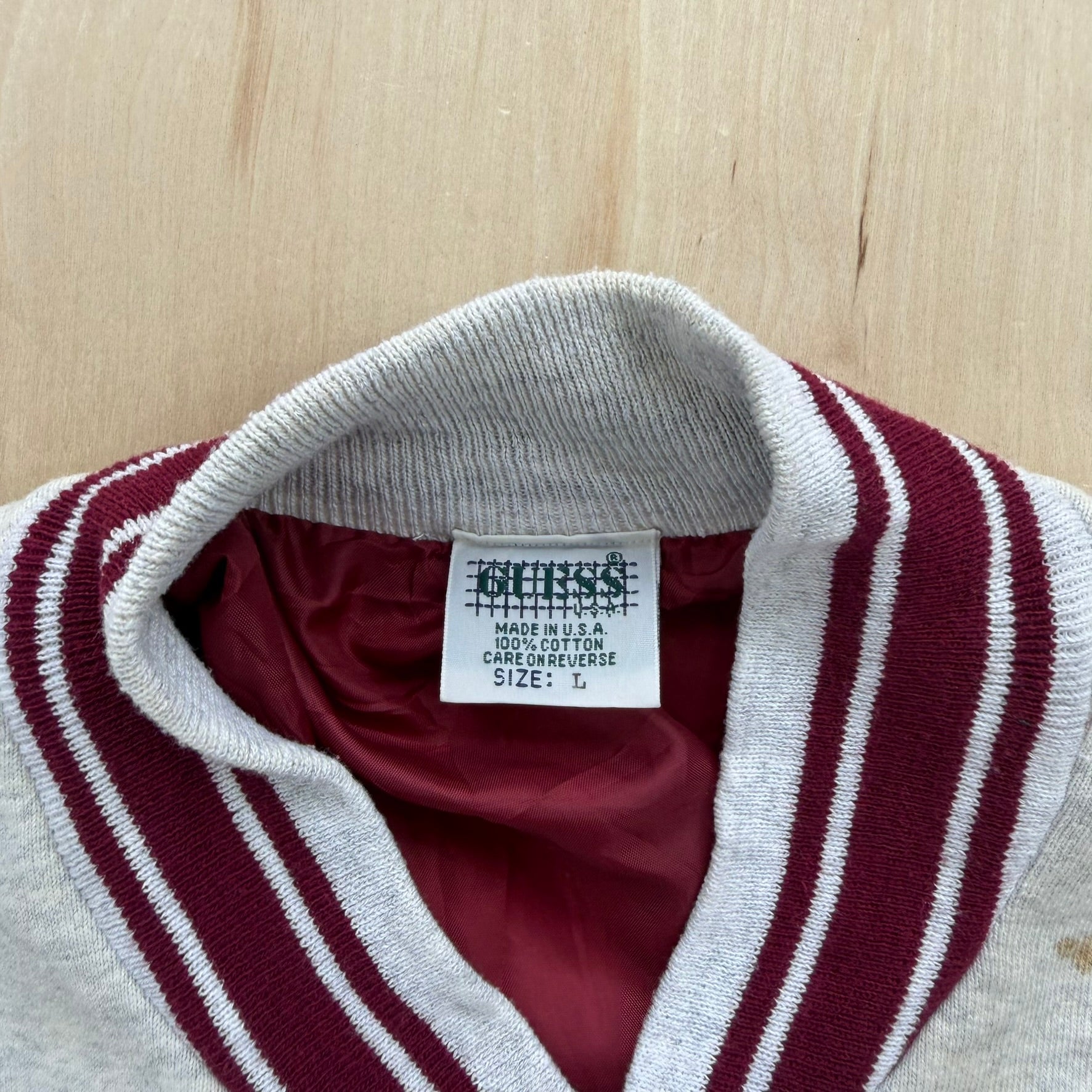 J- Vintage Guess Embroidered Text Made In USA Varsity Jacket - L