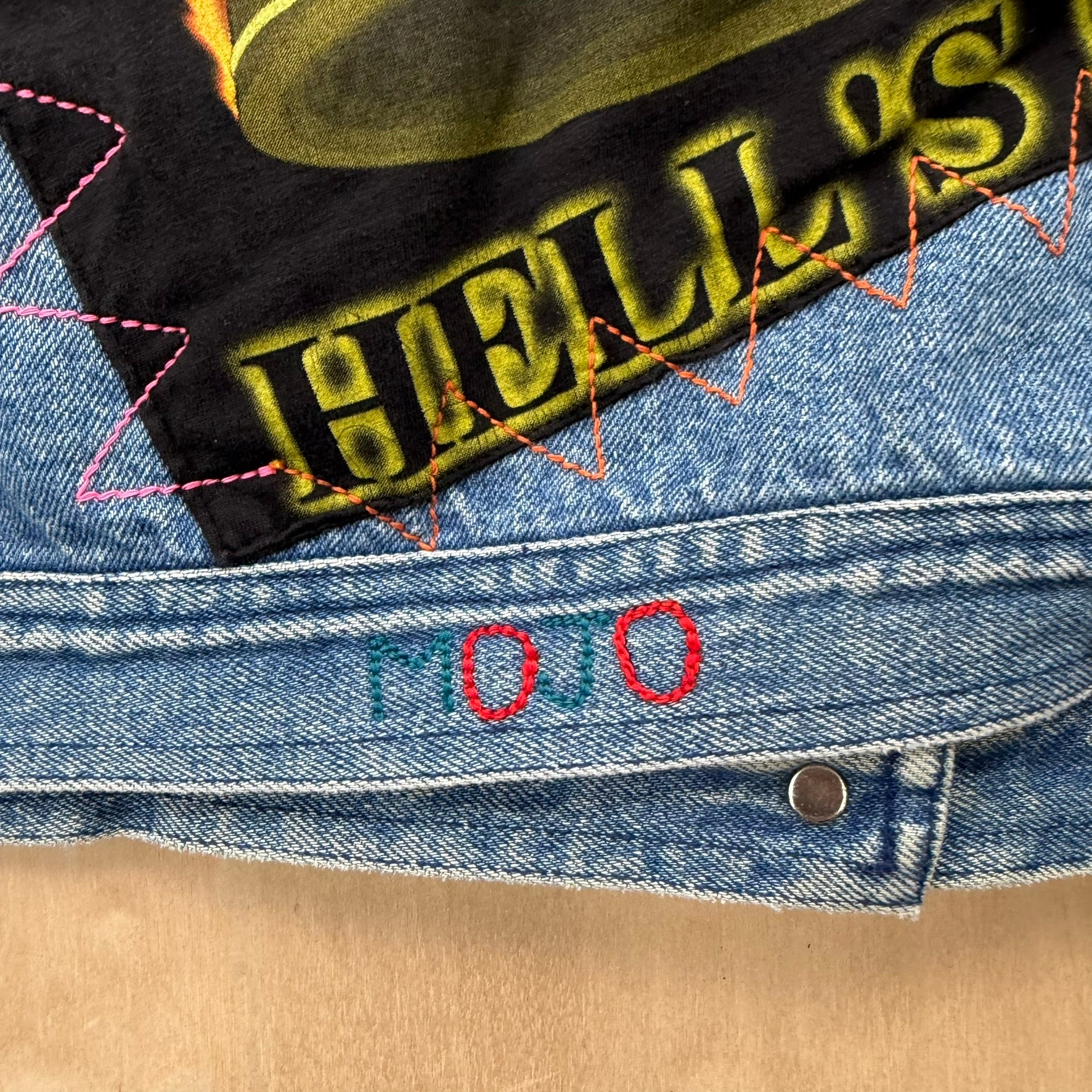 J- HOM AC/DC Hells Bell Reworked Denim Jacket - M