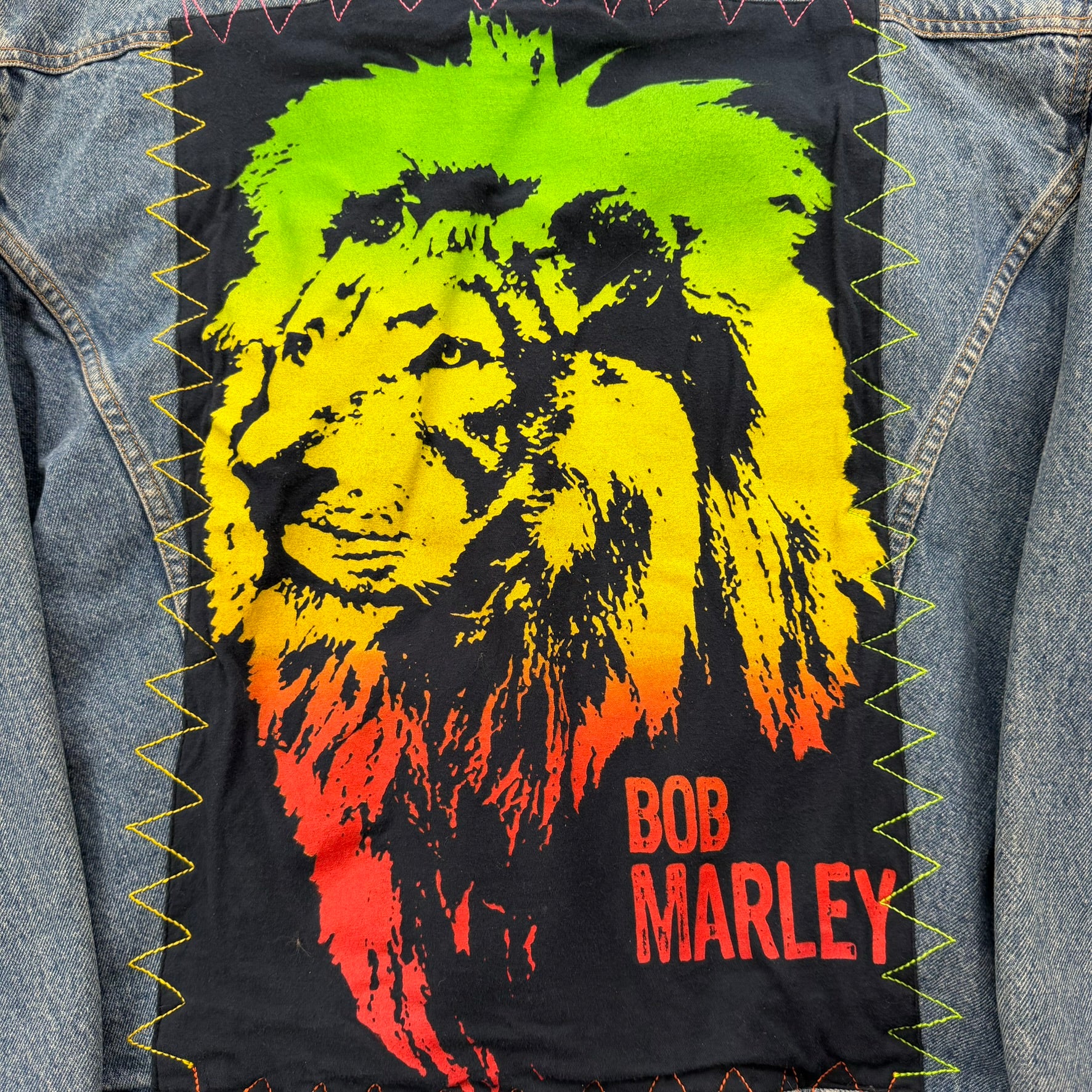 J- HOM Bob Marley Lion Graphic Reworked Denim Jacket - 2XL