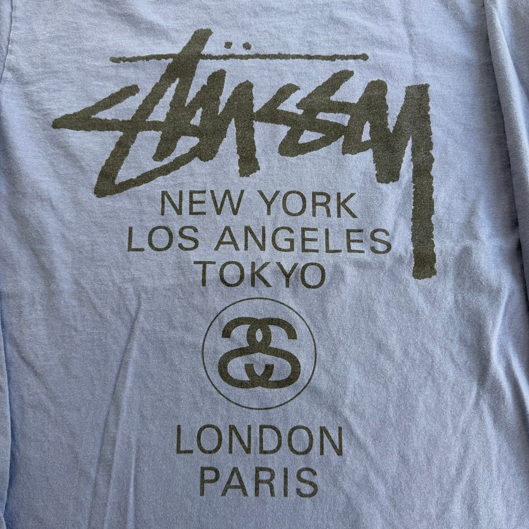 J- Vintage Stussy Script Logo & Cities Graphic Long Sleeve Tee - M