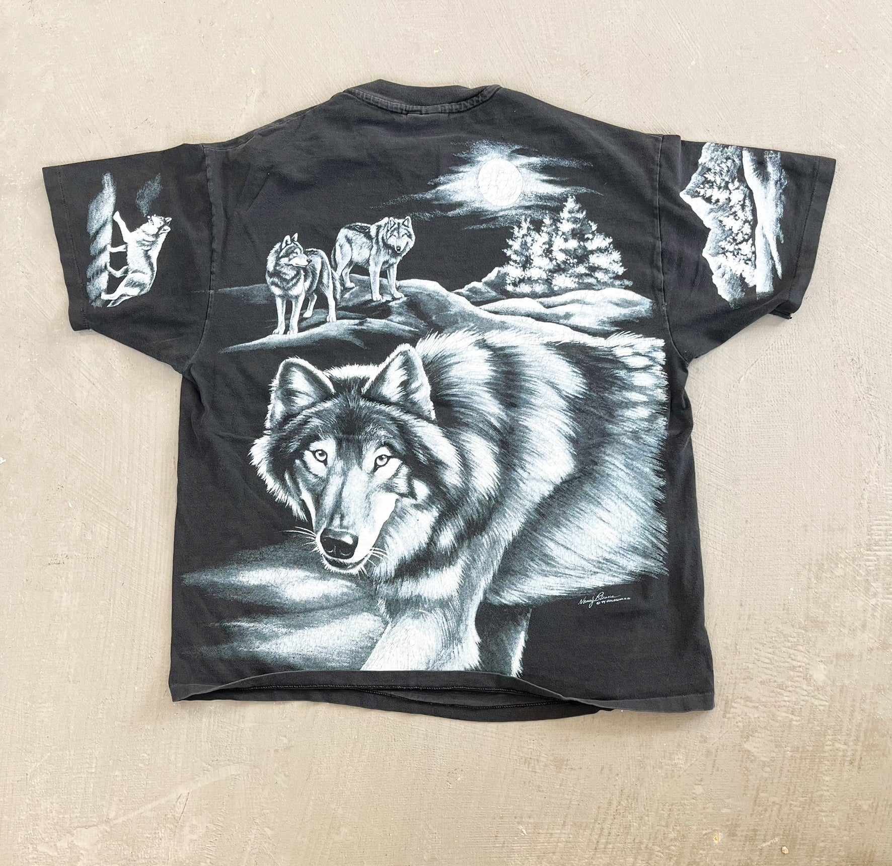 F- Vintage '94 Wolves & Moon All Over Print Single Stitch Hanes Beefy Tee