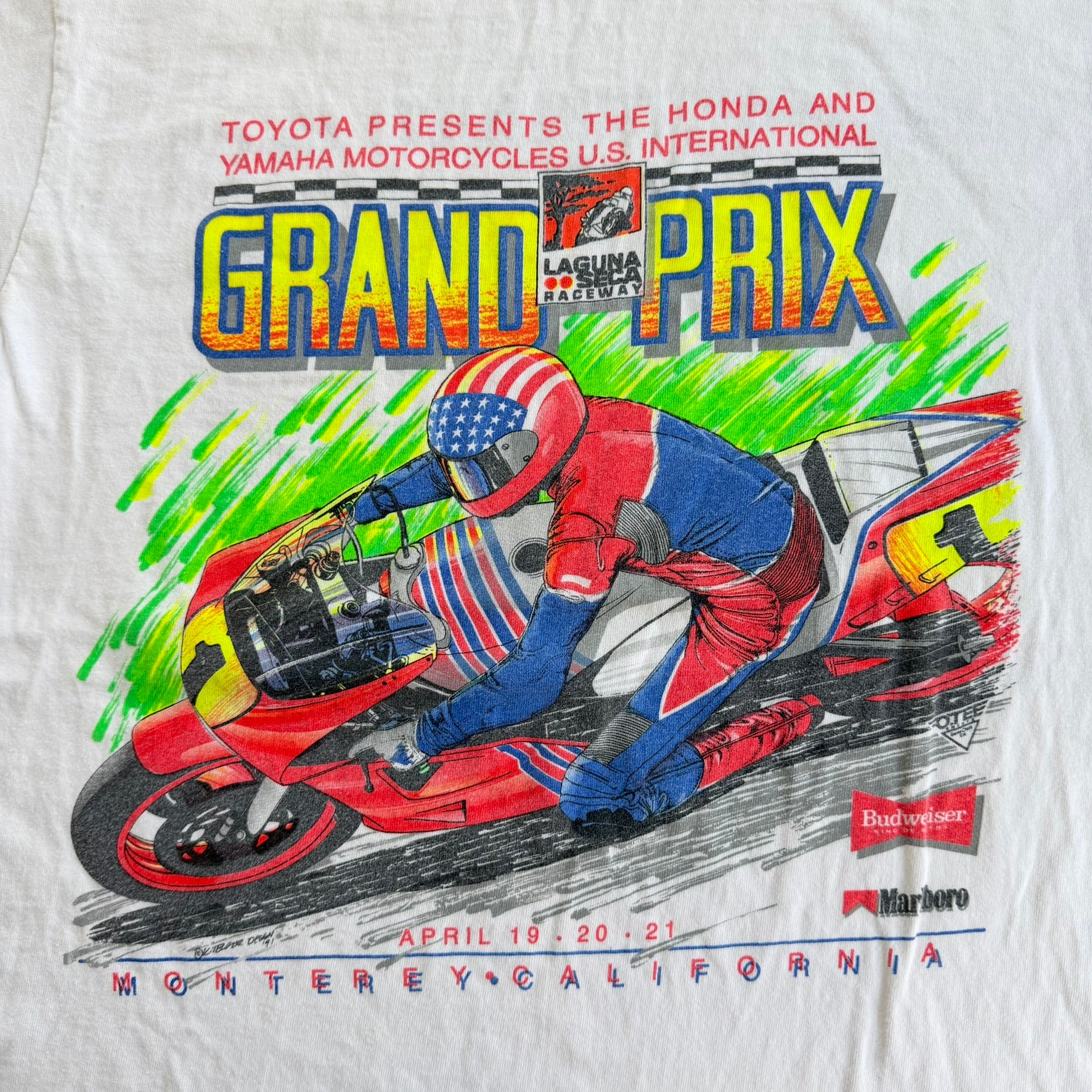 J- Vintage '91 Laguna Raceway Grand Prix Yamaha Motorcycle International Graphic Single Stitch Tee - L