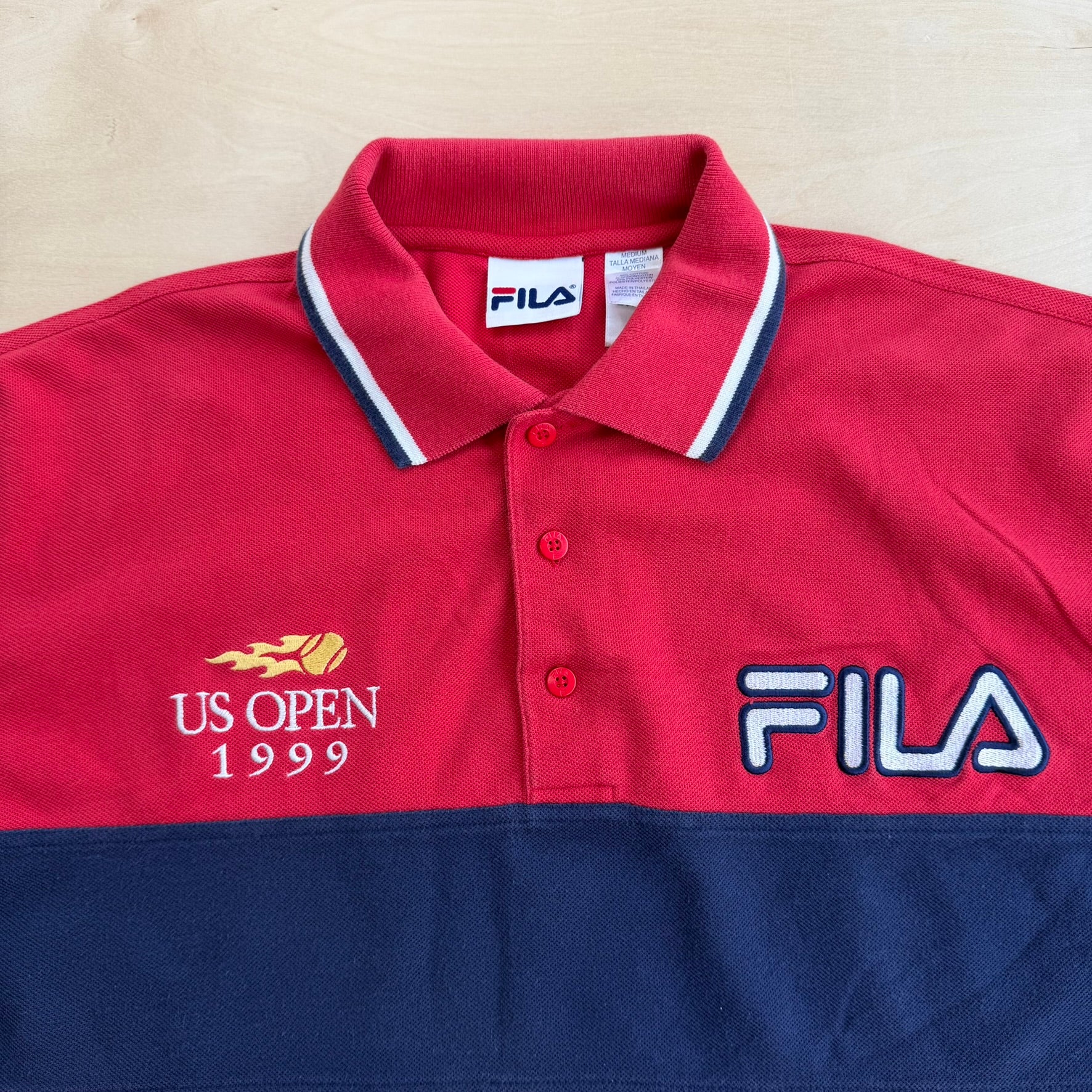 J- Vintage '99 Fila US Open Tennis Embroidered Text Polo Shirt - M