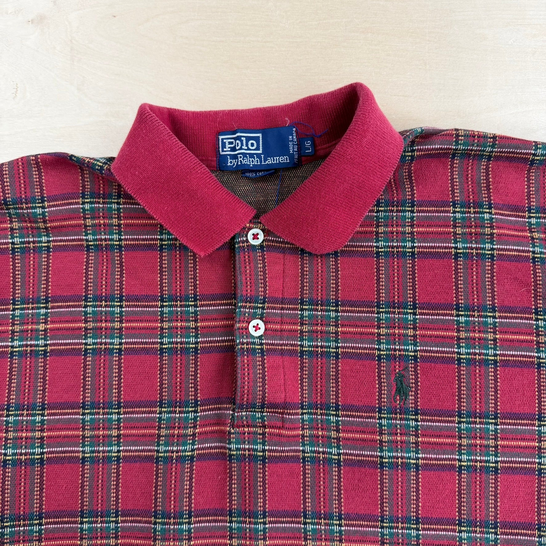 Vintage 90s Polo RL Plaid Embroidered Logo Made In Canada Long Sleeve Polo Shirt - L