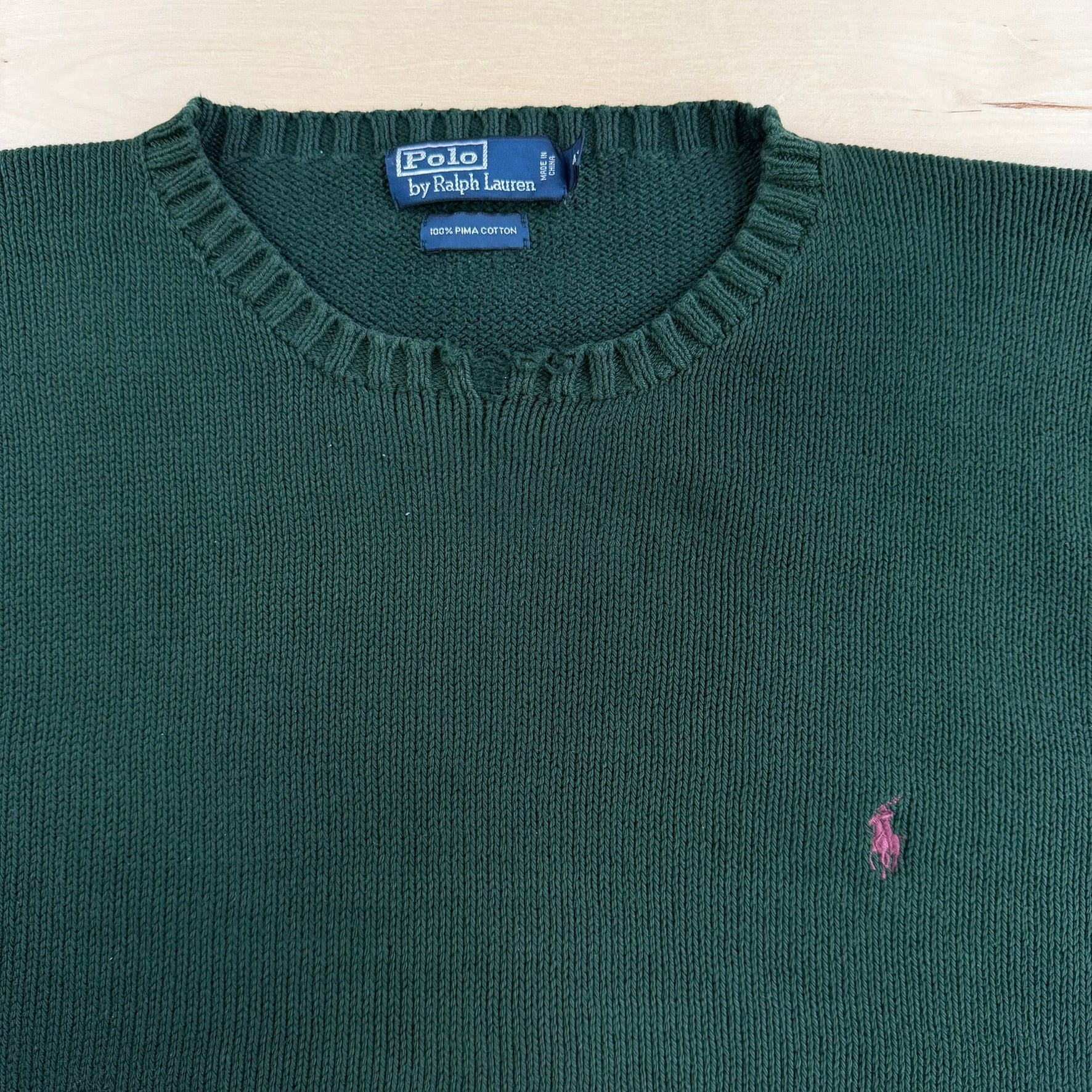 Vintage 90s Polo RL Embroidered Logo Leather Elbows Forest Green Pima Cotton Knit Sweater - 4XL Big