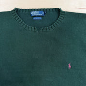 Vintage 90s Polo RL Embroidered Logo Leather Elbows Forest Green Pima Cotton Knit Sweater - 4XL Big