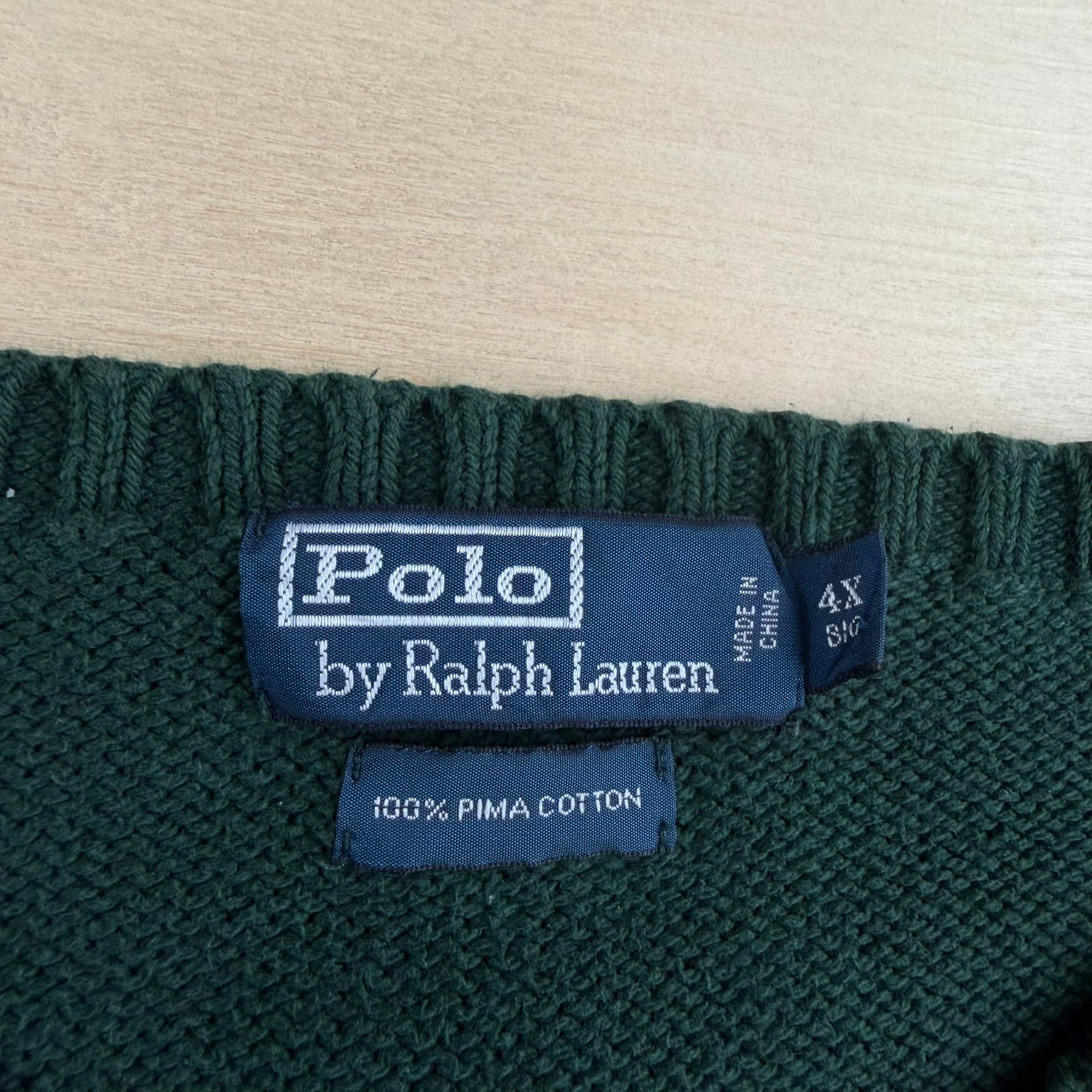 Vintage 90s Polo RL Embroidered Logo Leather Elbows Forest Green Pima Cotton Knit Sweater - 4XL Big