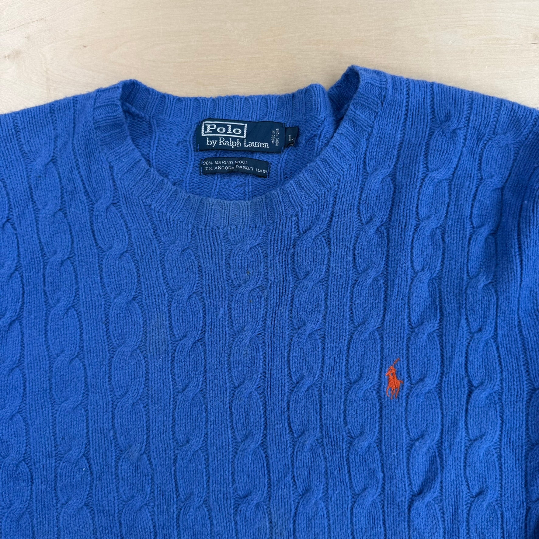 Vintage 90s Polo RL Embroidered Logo Baby Blue Marino Wool Knit Sweater - L