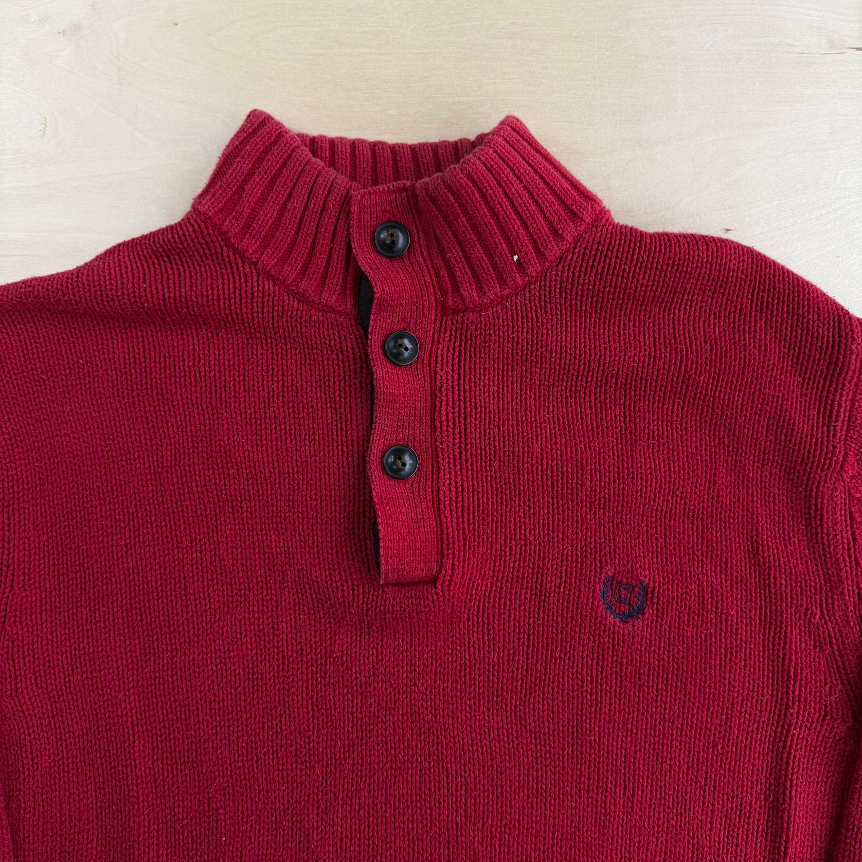 Vintage Chaps RL Embroidered Logo Leather Elbow Red Henley Cotton Knit Sweater - S (fits M)