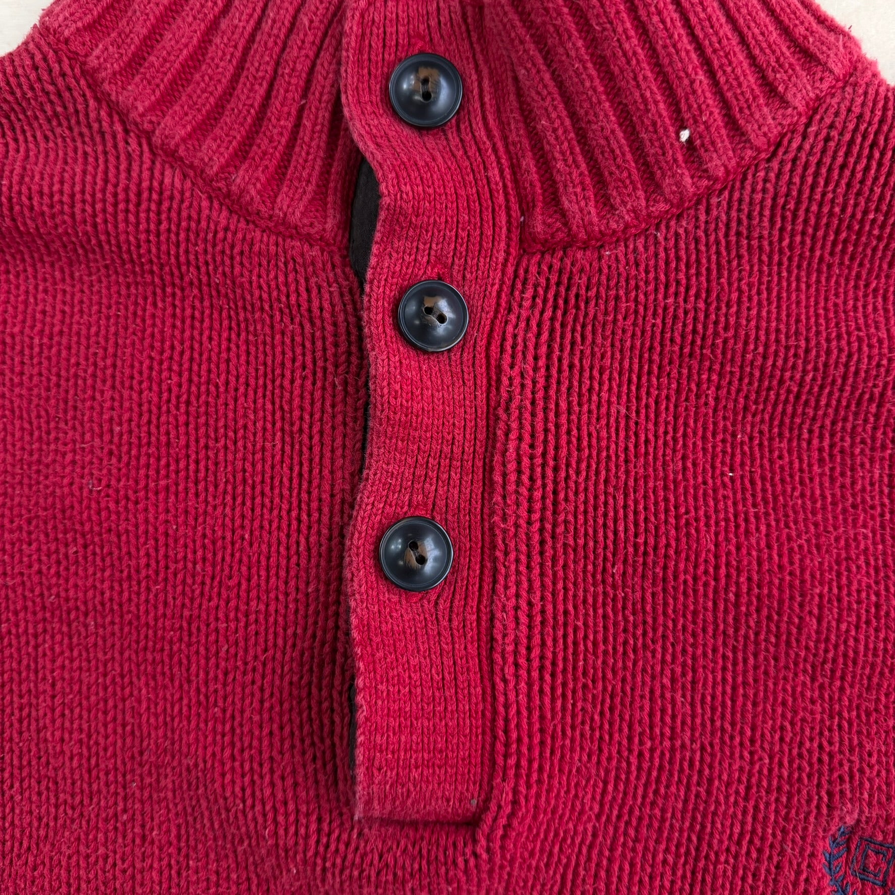 Vintage Chaps RL Embroidered Logo Leather Elbow Red Henley Cotton Knit Sweater - S (fits M)