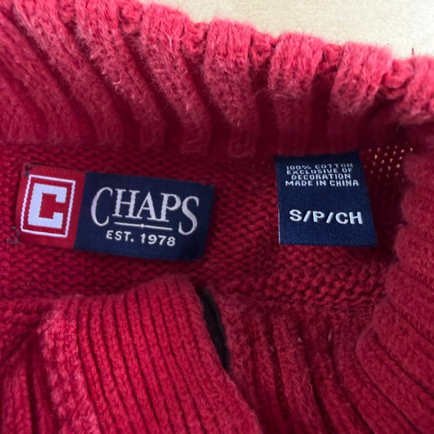 Vintage Chaps RL Embroidered Logo Leather Elbow Red Henley Cotton Knit Sweater - S (fits M)