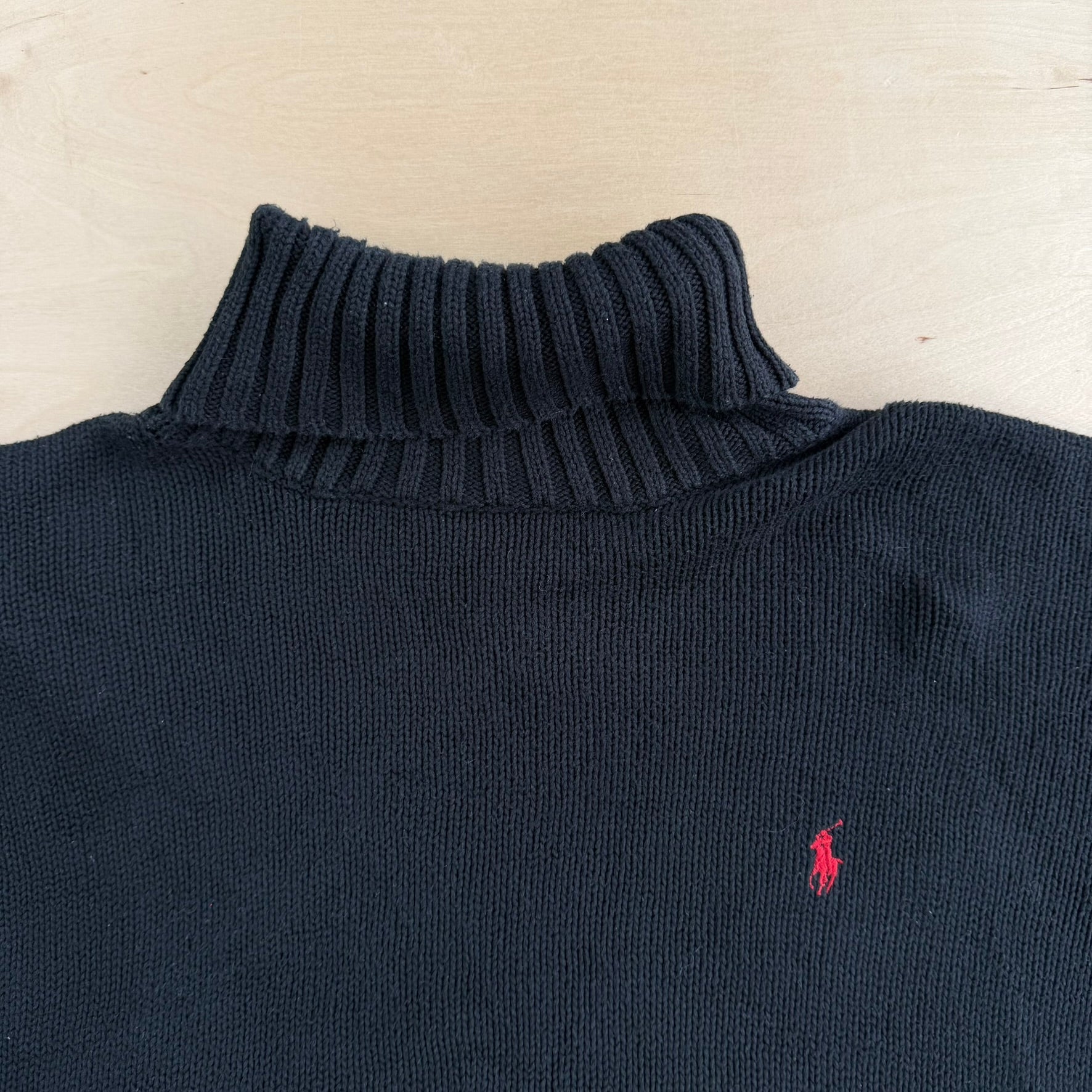 Vintage 90s Polo RL Embroidered Logo Black Turtle Neck Cotton Knit Sweater - L