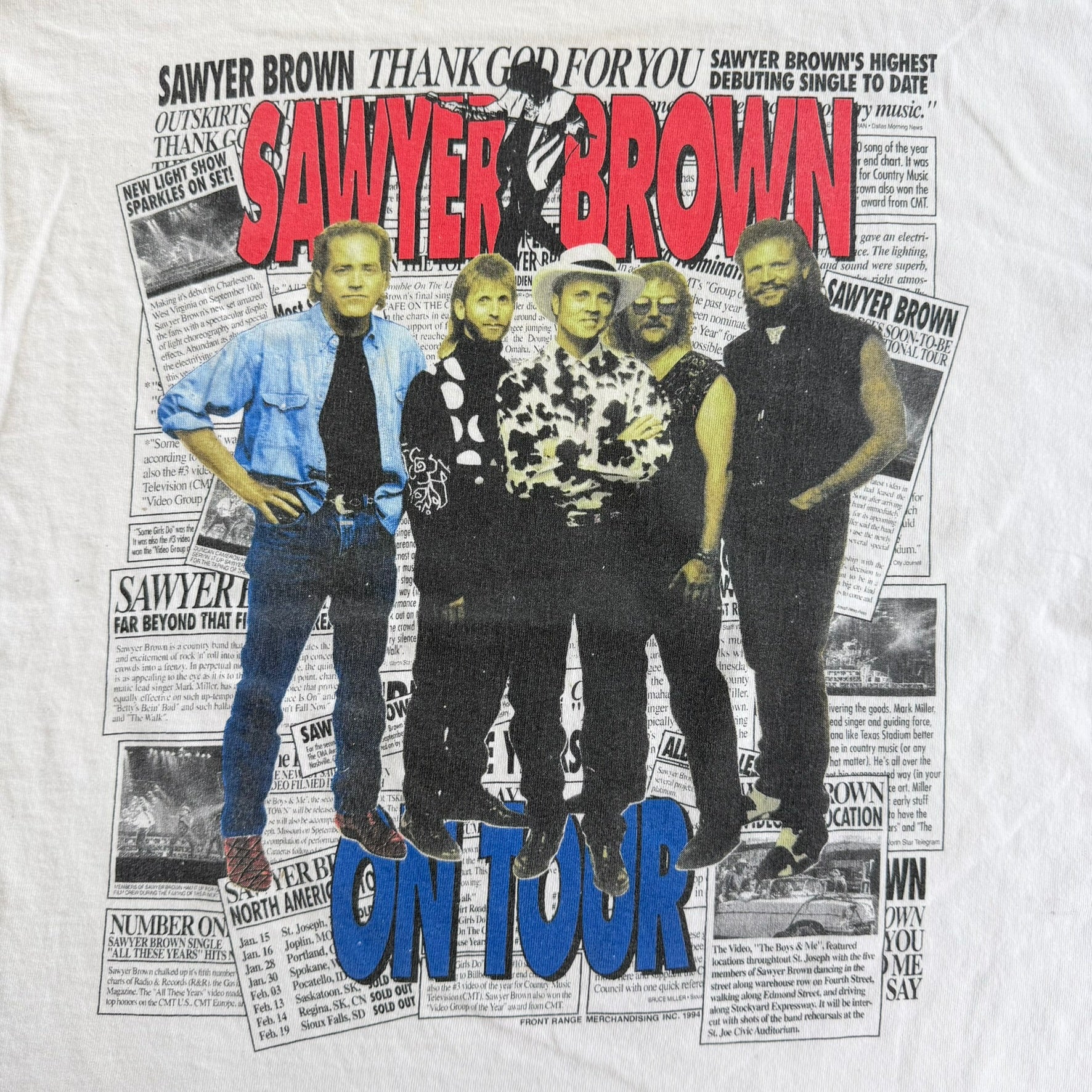 J- Vintage '94 Sawyer Brown On Tour Picture & Newspaper Graphic Made In USA Single Stitch Tee - XL