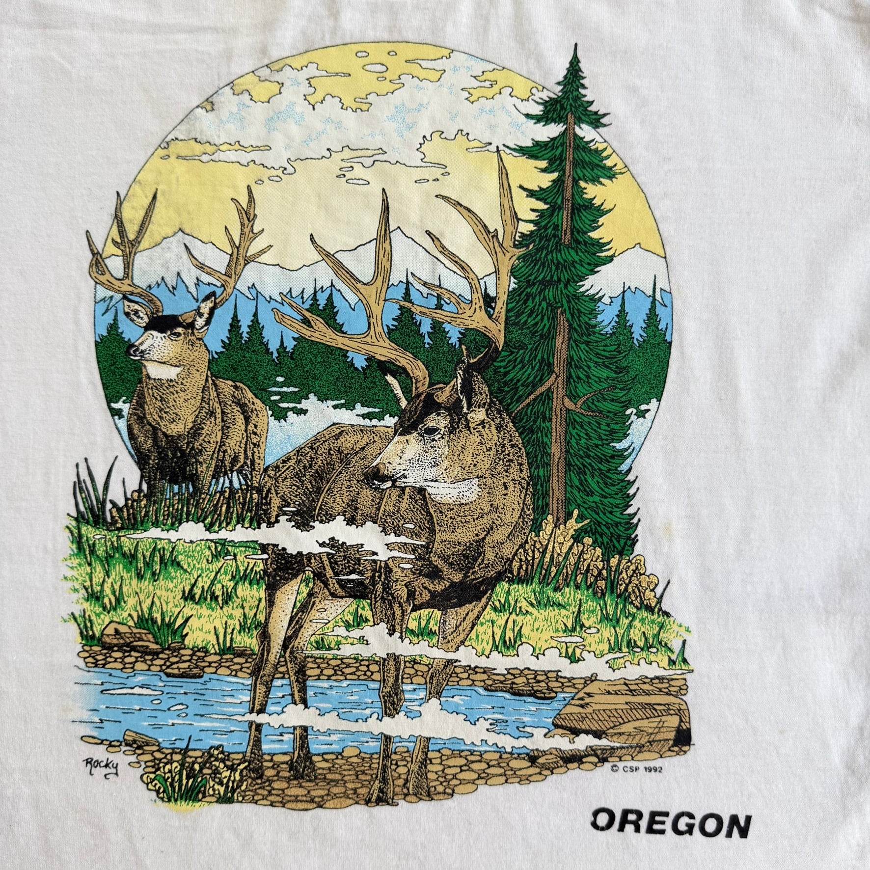 J- Vintage '92 Oregon Deers In Forest Graphic Made In USA Single Stitch Tee - L