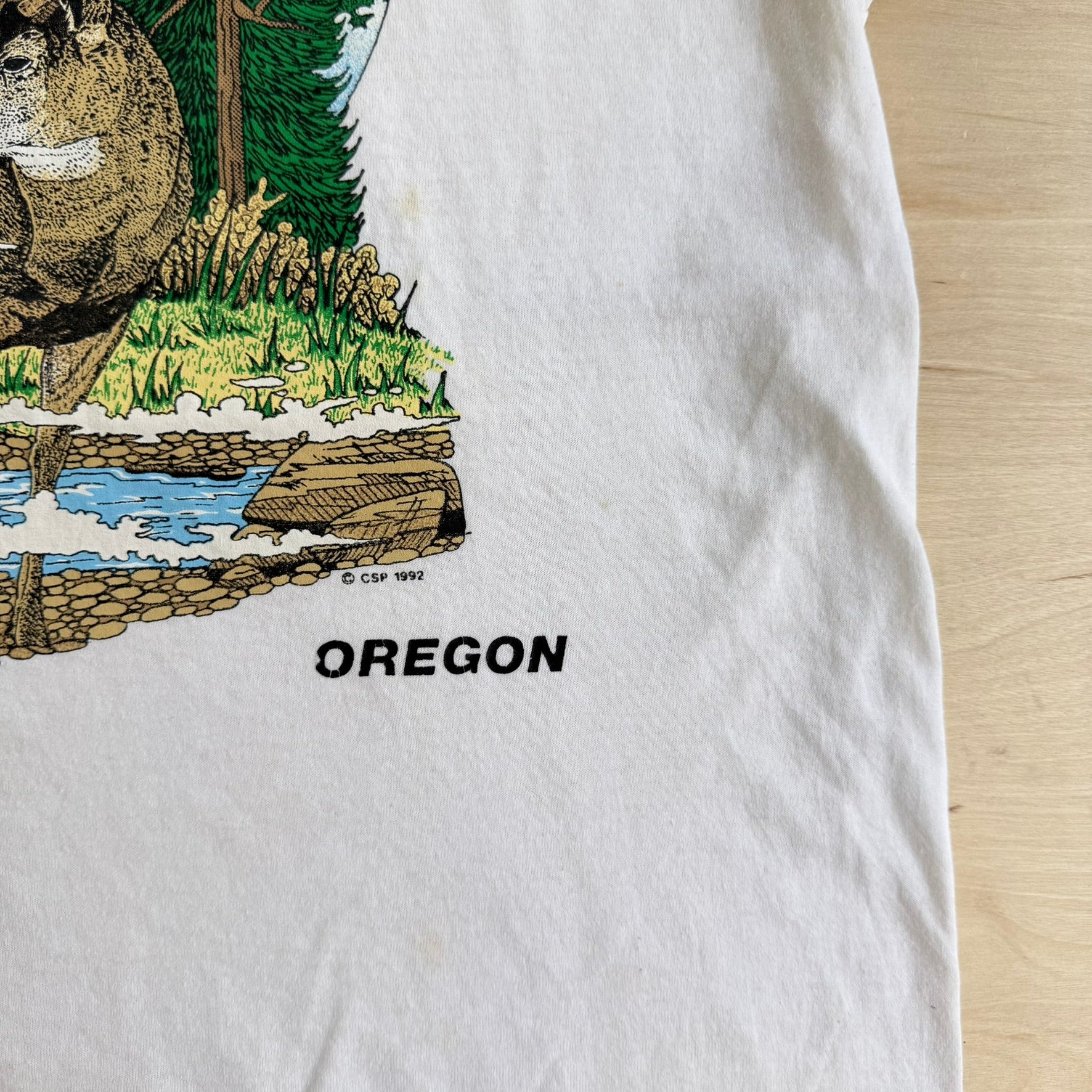 J- Vintage '92 Oregon Deers In Forest Graphic Made In USA Single Stitch Tee - L