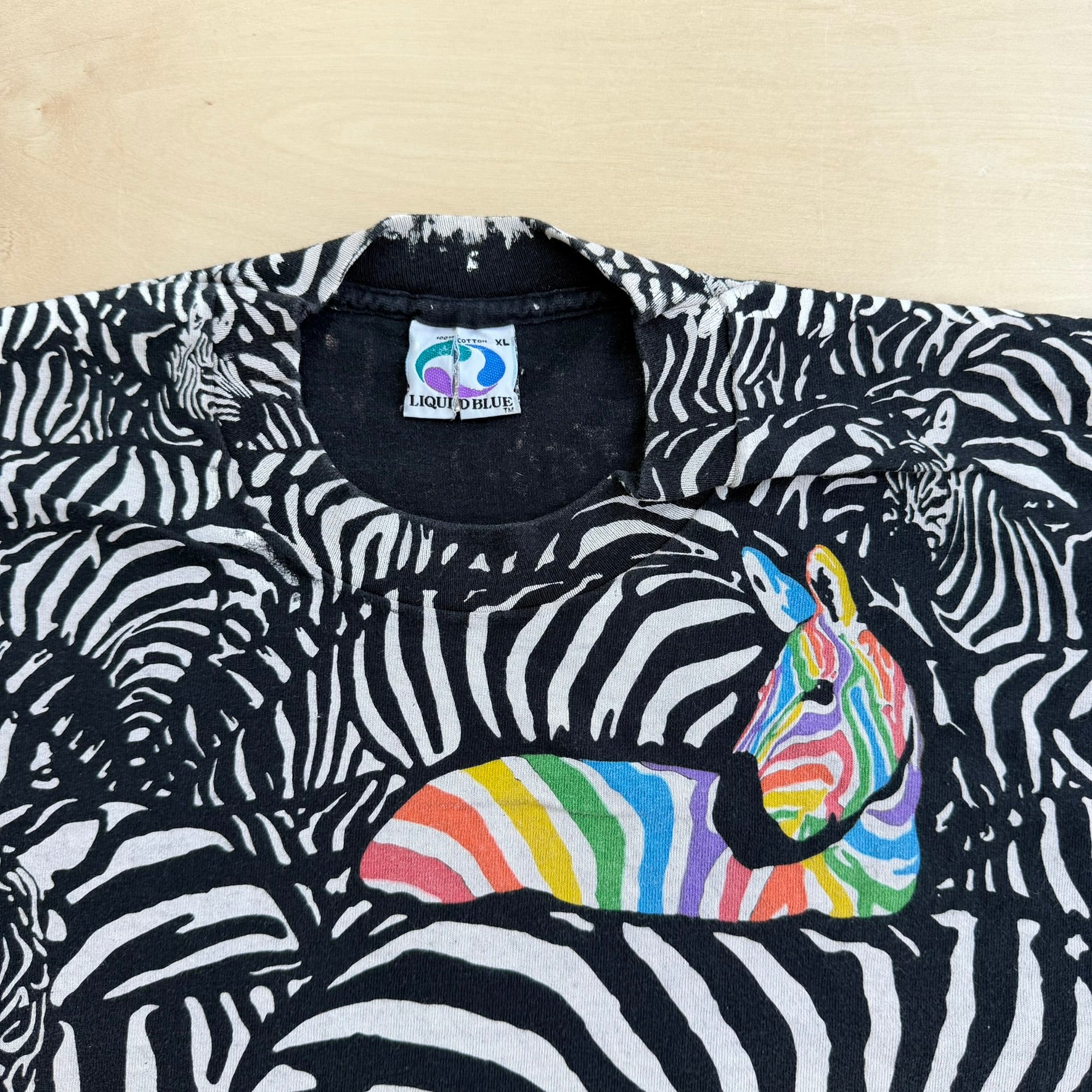 J- Vintage '93 Liquid Blue Zebras All Over Print Graphic Made In USA Single Stitch Tee - XL