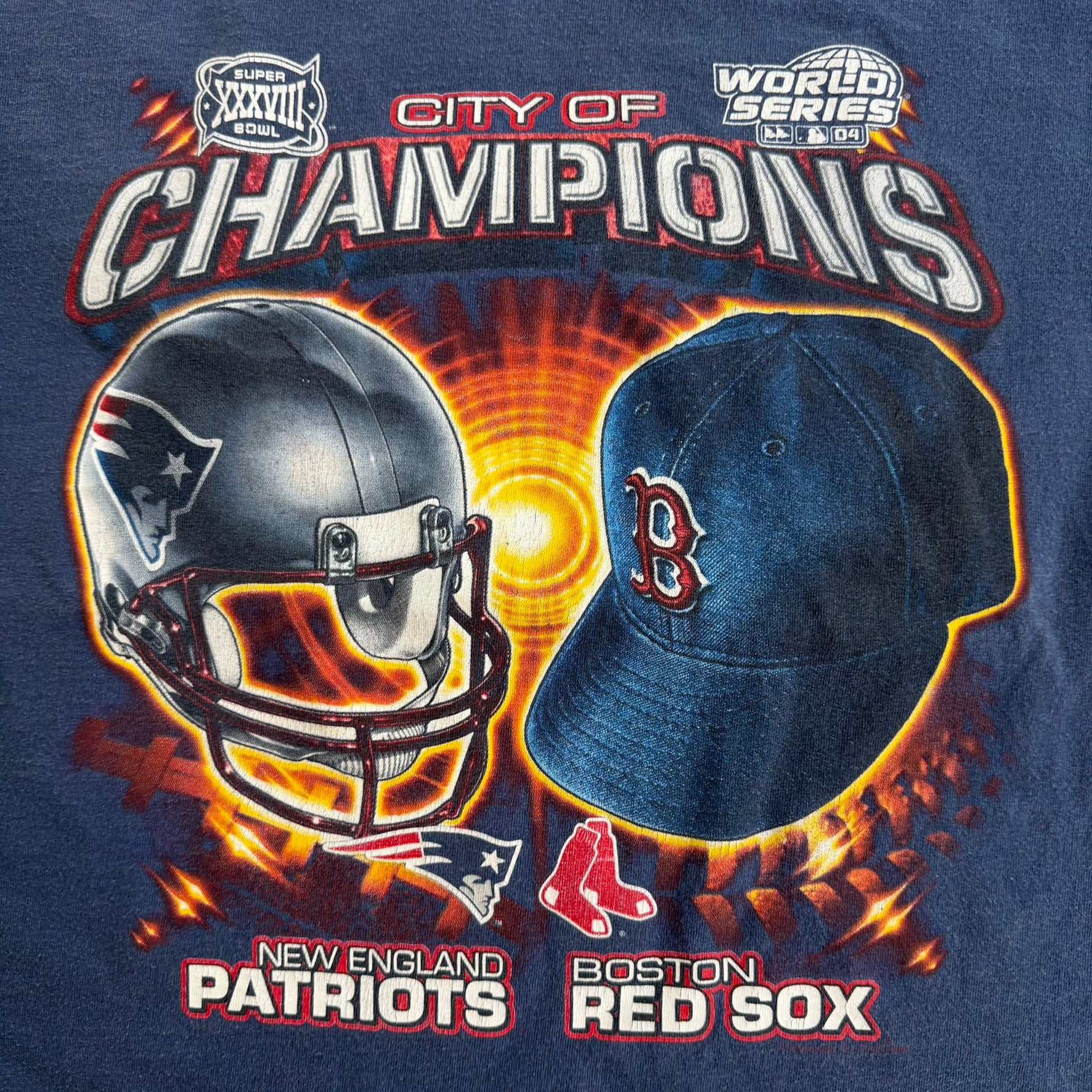 J- Vintage '04 Boston Red Sox New England Patriots NFL City Of Champions Graphic Long Sleeve Tee - L