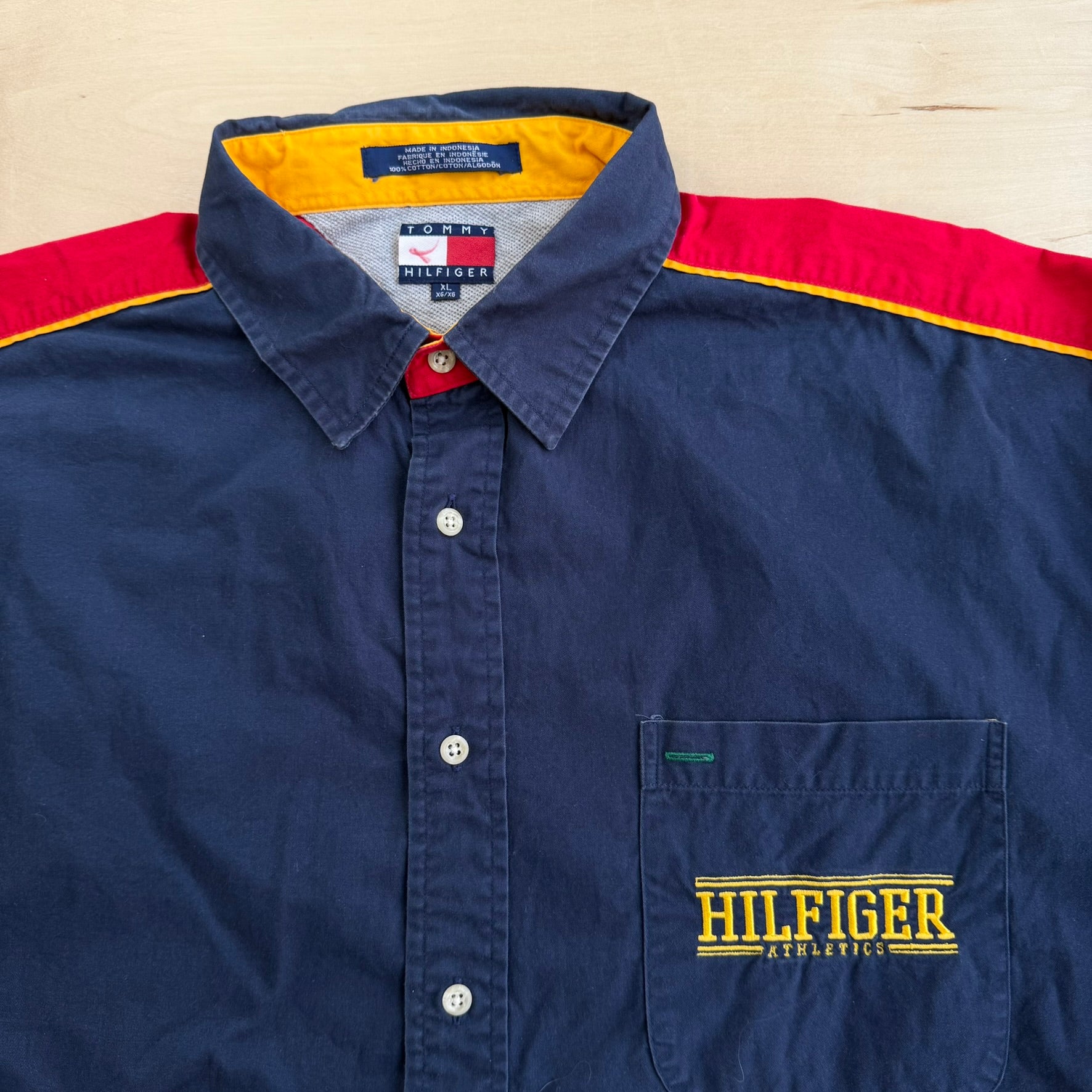 J- Vintage Tommy Hilfiger Athletics Embroidered Logo Button Down Shirt - XL