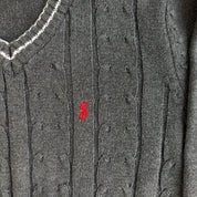 Vintage 90s Polo RL Embroidered Logo Grey Cable Knit Sweater - L