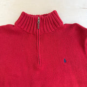 Vintage 90s Polo RL Embroidered Logo Red Quarter Zip Cotton Knit Sweater - XL