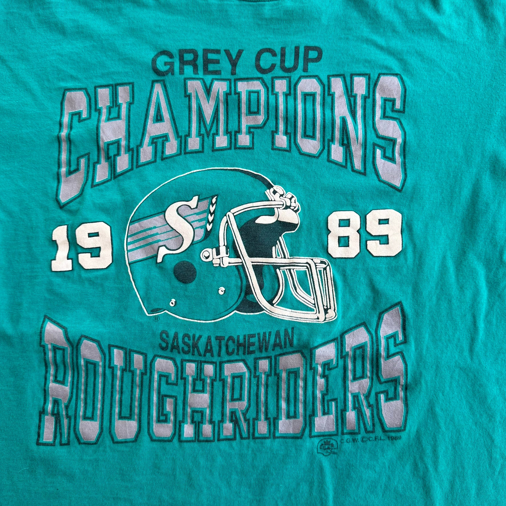 J- Vintage '89 Saskatchewan Roughriders CFL Grey Cup Champions Single Stitch Tee - L