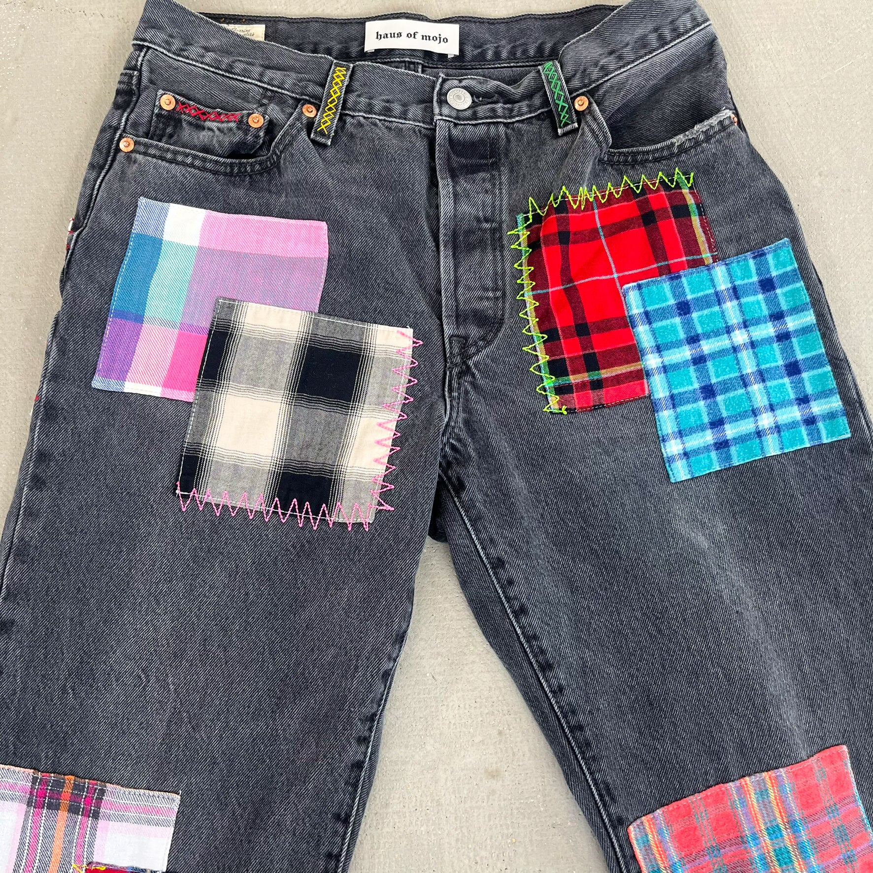 F- HOM Plaid Pink/White Back Pocket Levi's 501 90s Reworked Custom Jeans