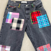 F- HOM Plaid Pink/White Back Pocket Levi's 501 90s Reworked Custom Jeans