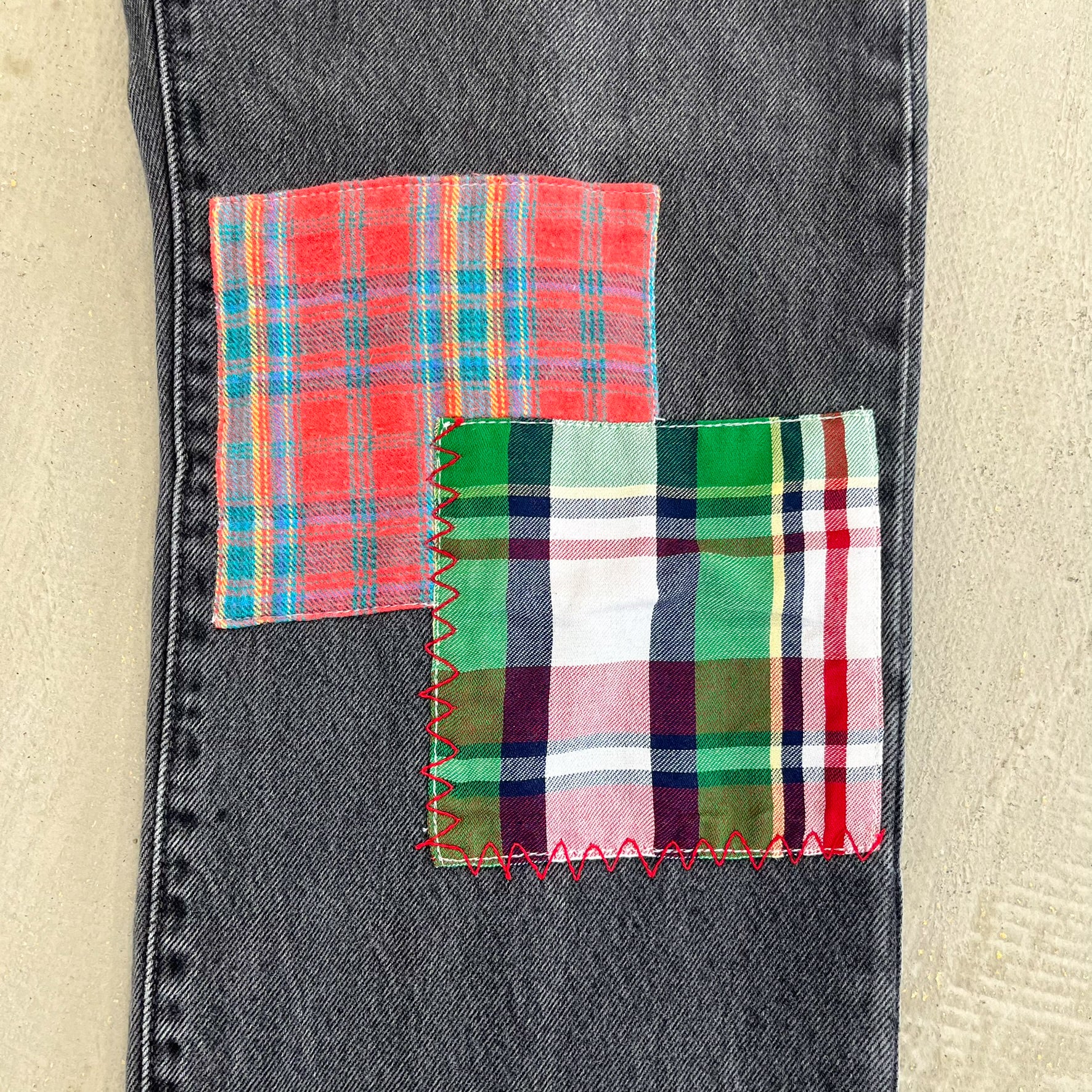 F- HOM Plaid Pink/White Back Pocket Levi's 501 90s Reworked Custom Jeans