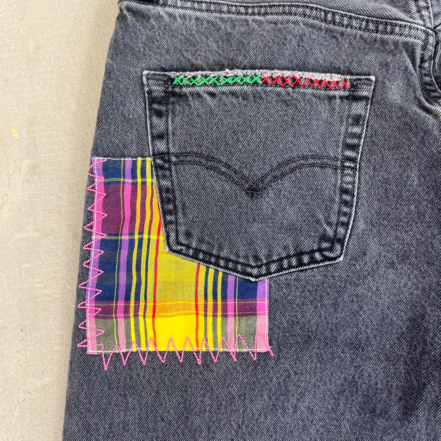F- HOM Plaid Pink/White Back Pocket Levi's 501 90s Reworked Custom Jeans