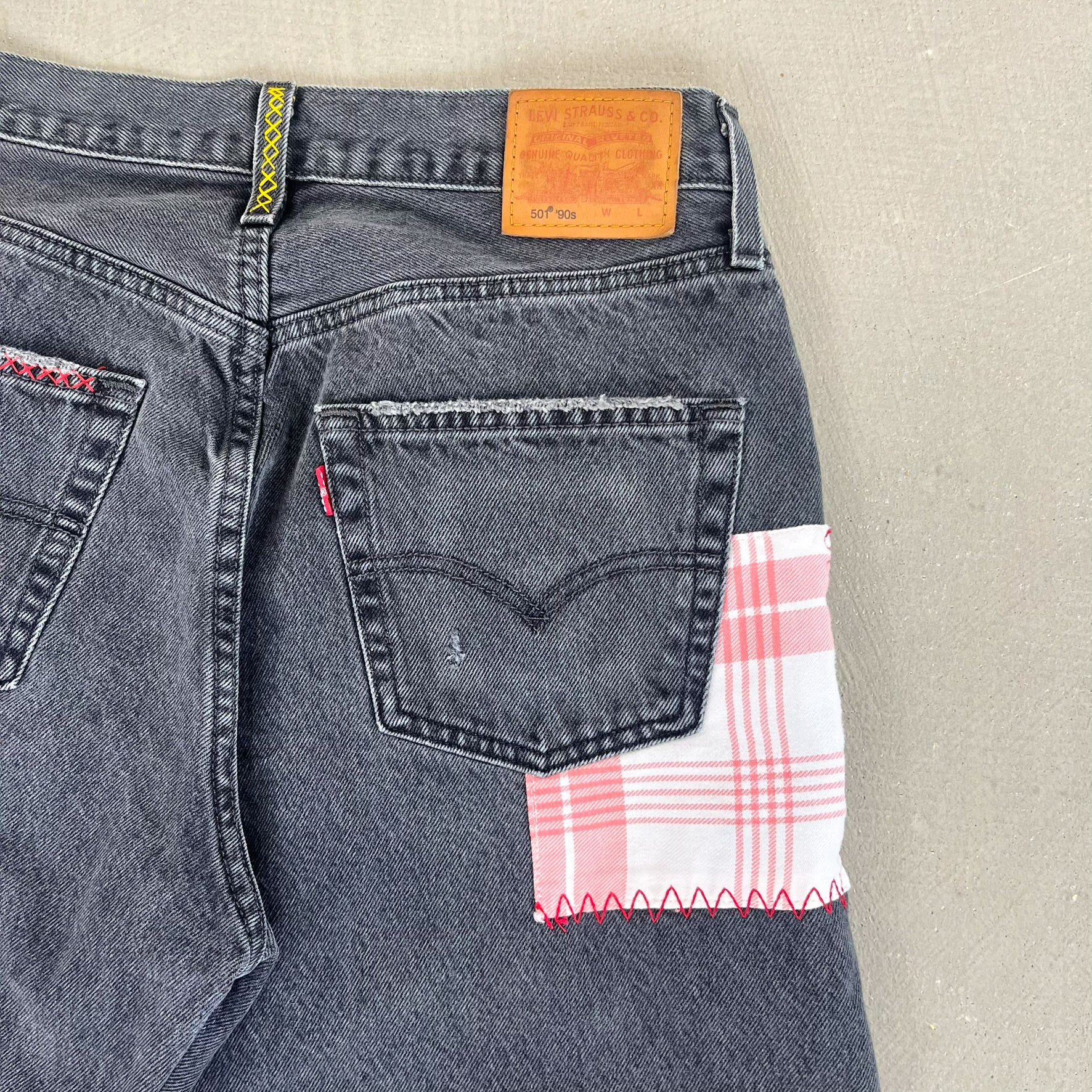 F- HOM Plaid Pink/White Back Pocket Levi's 501 90s Reworked Custom Jeans