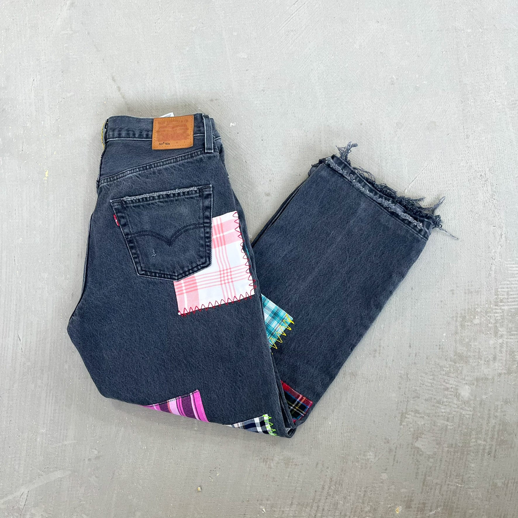 F- HOM Plaid Pink/White Back Pocket Levi's 501 90s Reworked Custom Jeans